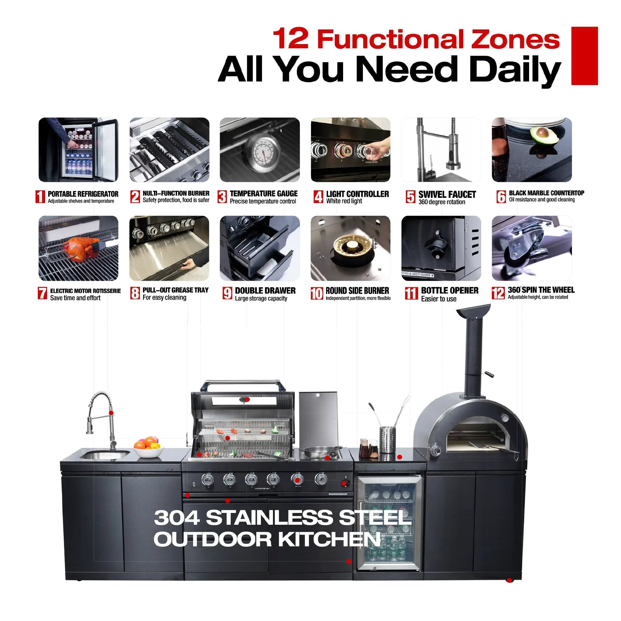 Black 125-Inch Double Stainless Steel Gas Outdoor Kitchen Barbecue Grill by HouseOfZazla