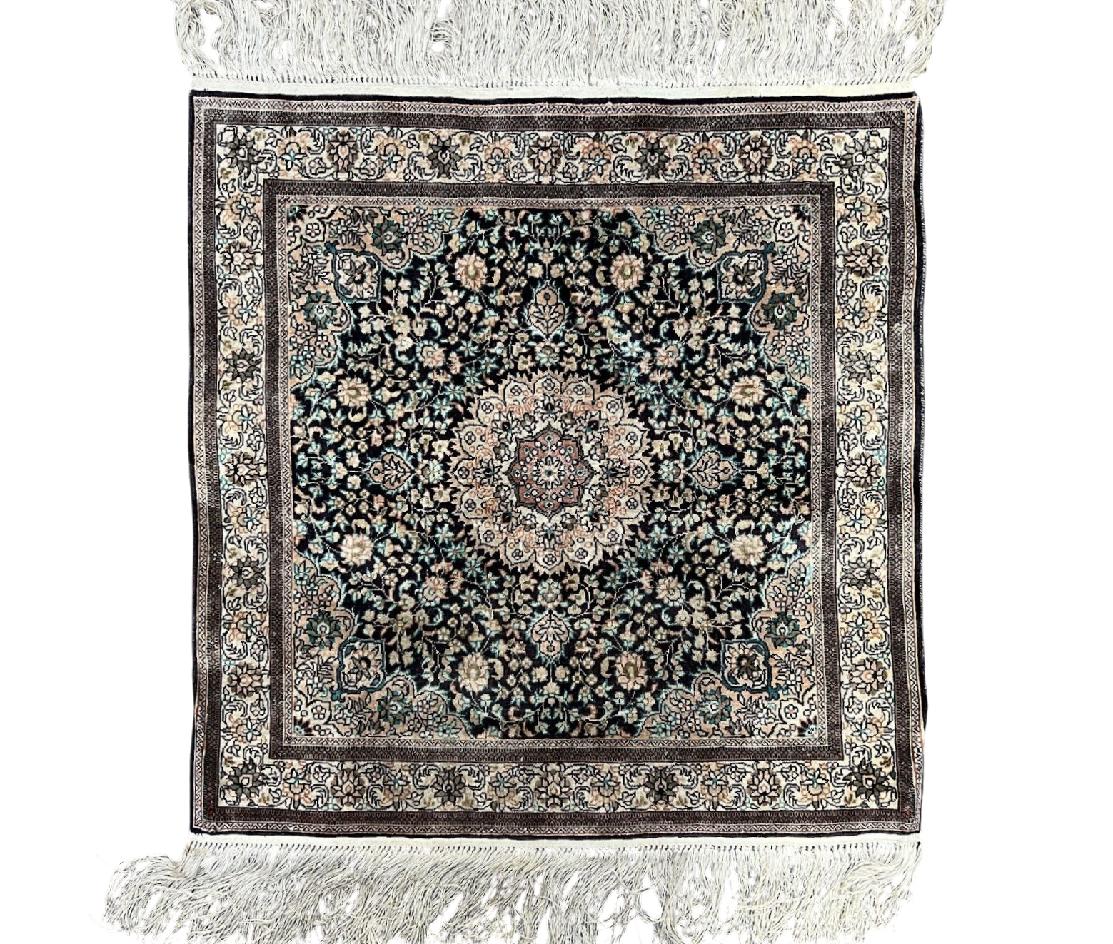 Sino Persian Silk Rug 2x2 ft, Very Fine High KPSI Small Silk Oriental Carpet, Hand-Knotted, Medallion, Vintage Silk Rug, Black Ivory/Cream by Jewel Rugs