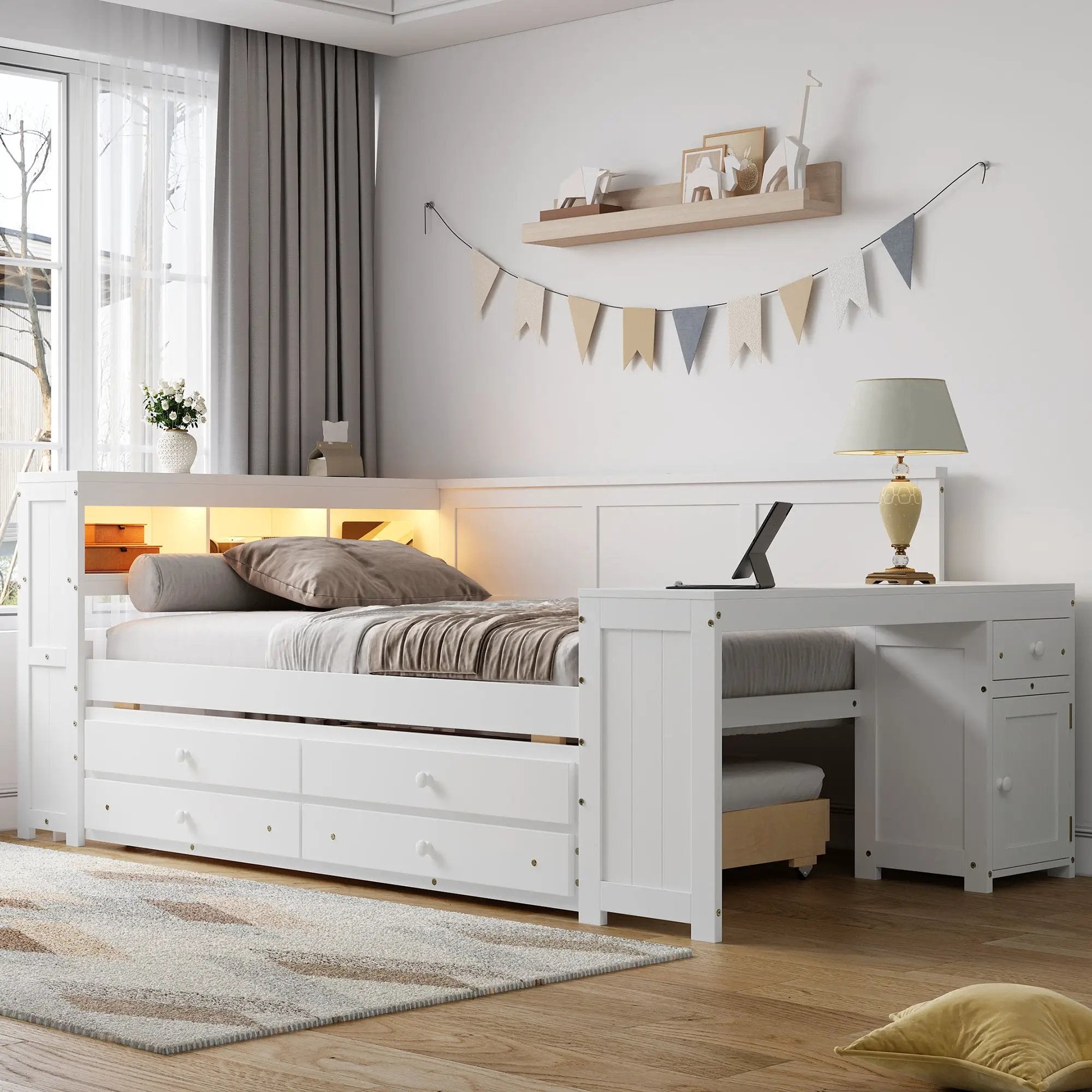 Daybed With Storage Shelves, Drawers, Trundle, Charging Station, LED Light, Desk And Cabinet by HouseOfZazla