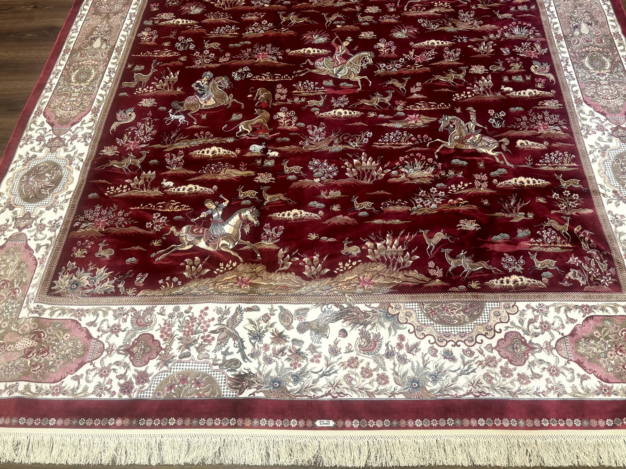 Turkish Silk Rug 8x10, Red & Ivory, Hunting Design, Bamboo Silk, New by Jewel Rugs