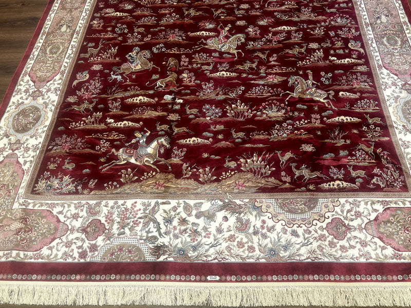 Turkish Silk Rug 8x10, Red & Ivory, Hunting Design, Bamboo Silk, New by Jewel Rugs