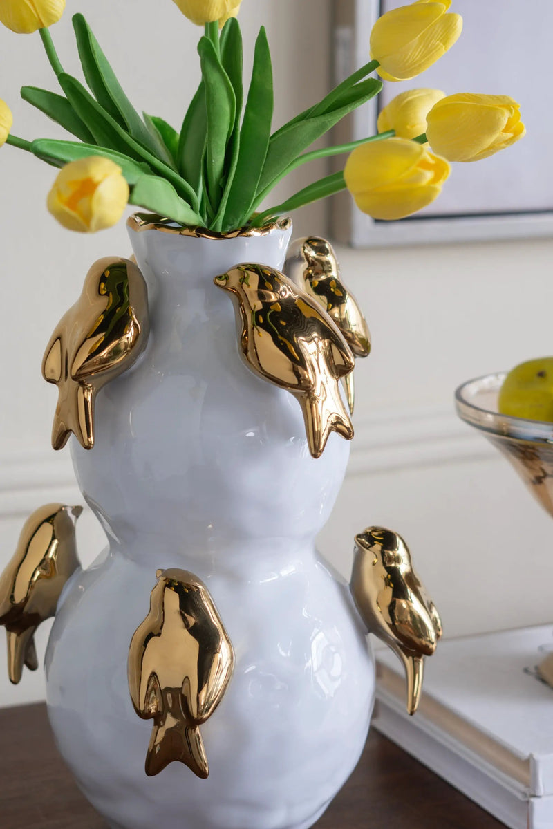 8.5x8.5x14 White Two-Tiered Ceramic Vase with Gold Bird Accents by HouseOfZazla