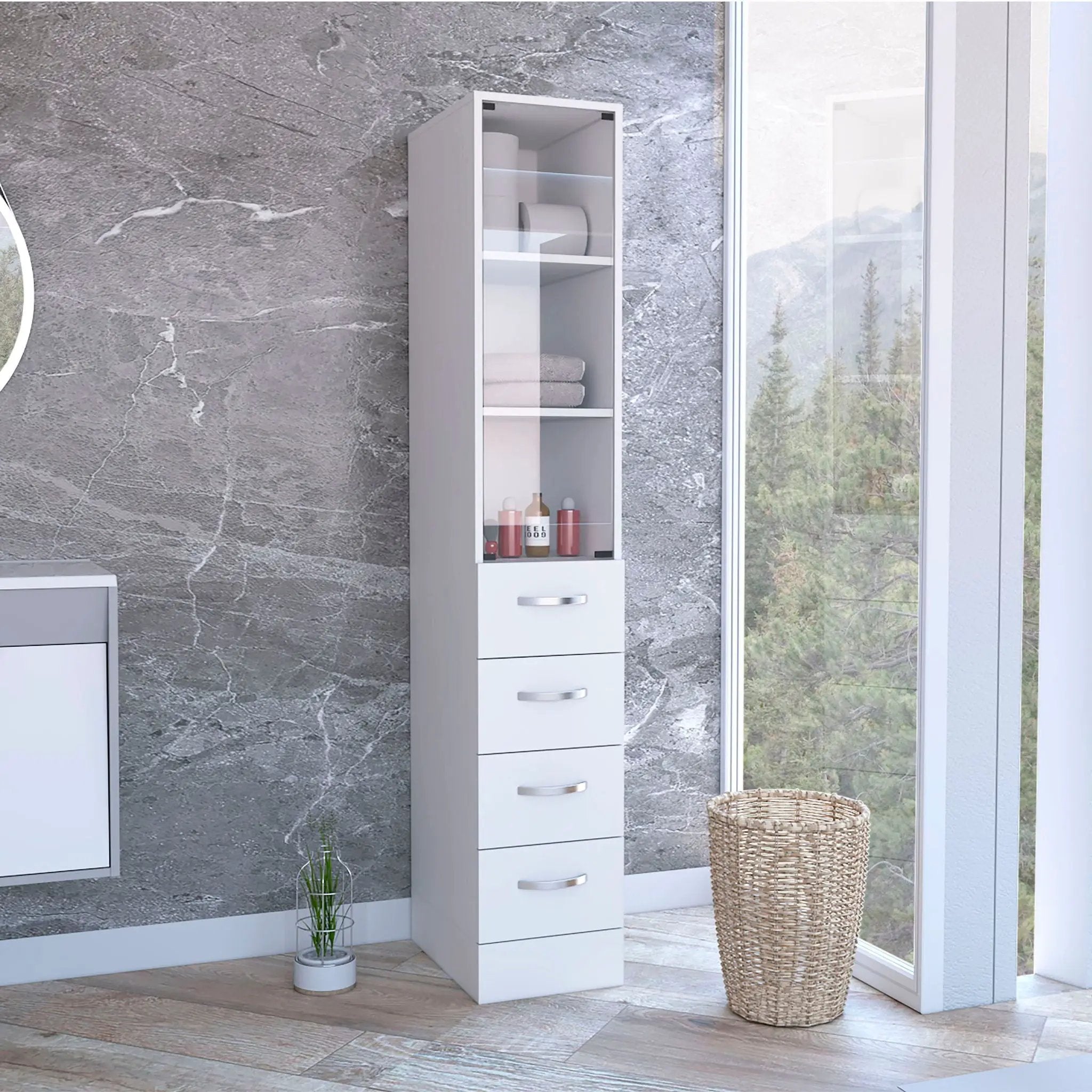 Linen Cabinet, 3 Shelves, 4 Drawers And Metal Handles - White by Unique Piece Furniture