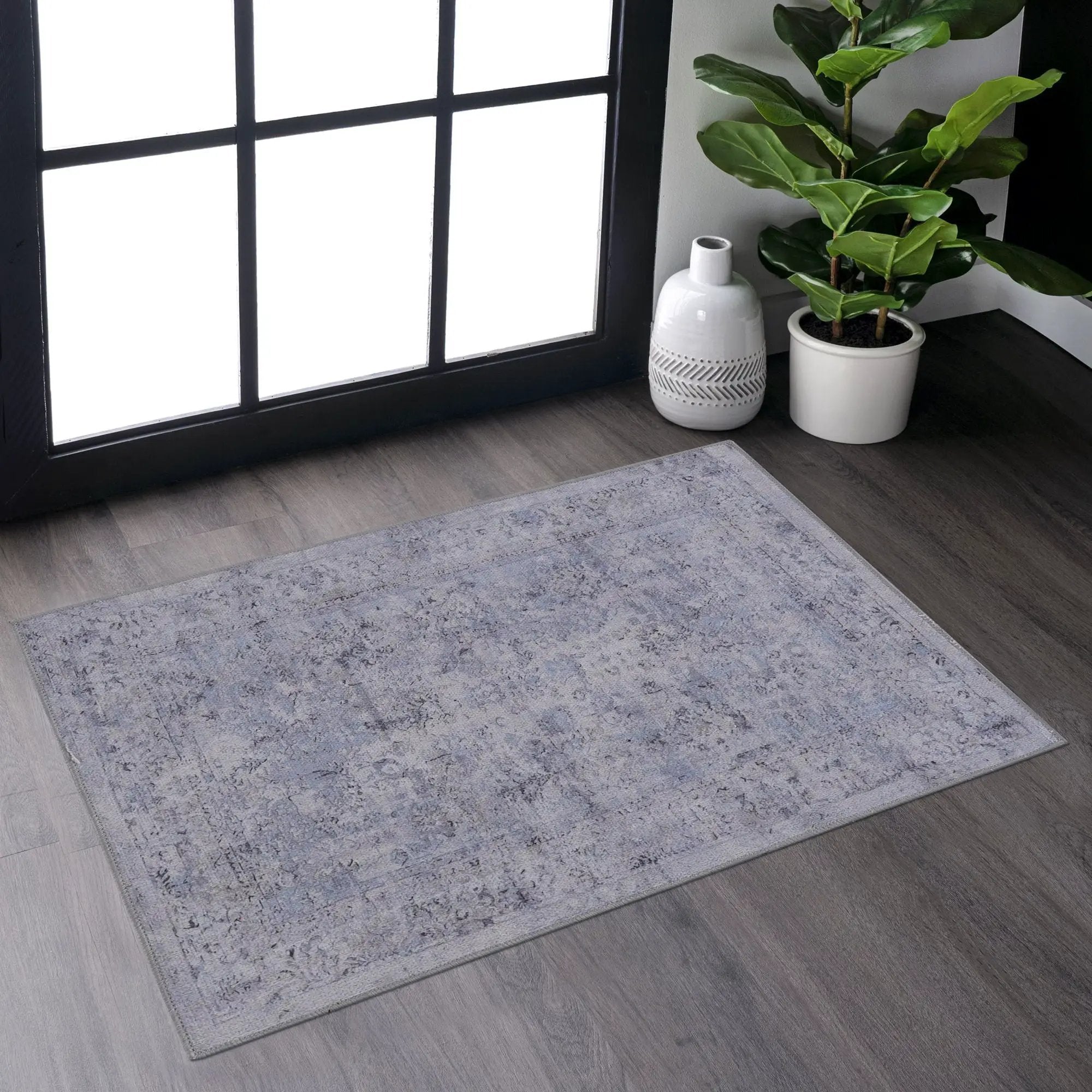 Maval - 2' X 3' Washable Area Rug - Blue / Cream by HouseOfZazla