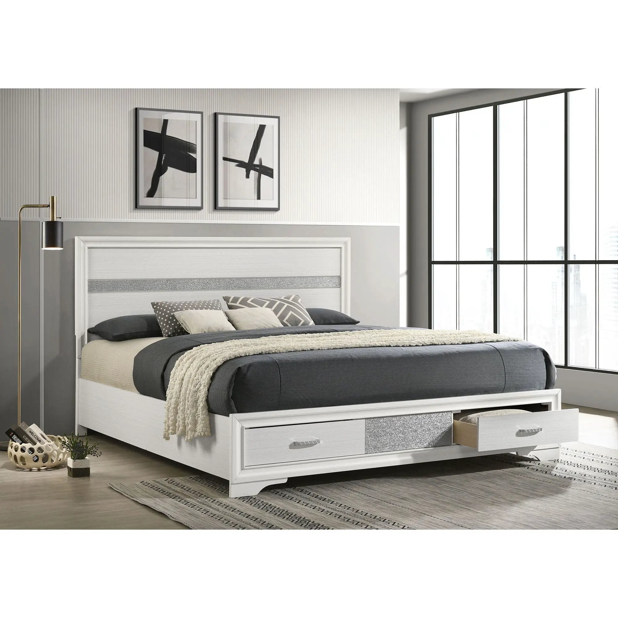 California King Storage Platform Bed With 2 Drawer - White by HouseOfZazla