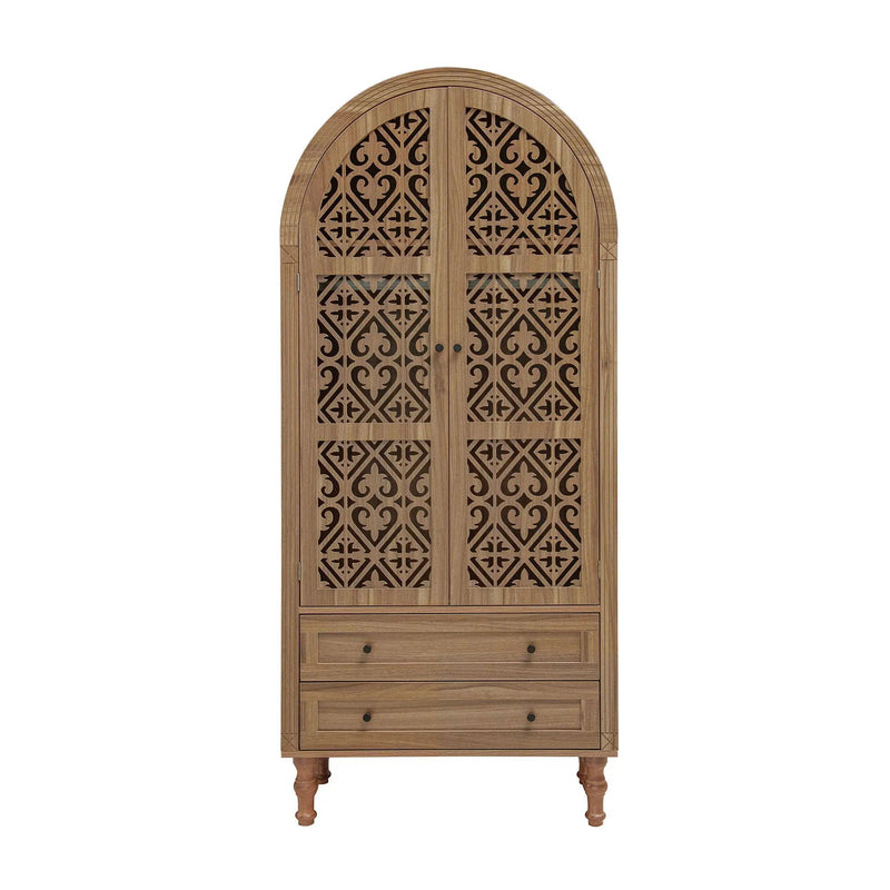 Tall Kitchen Pantry Cabinet With Hollow Carved Doors 2 Drawers And Adjustable Shelves Storage Display Cabinet For Kitchen Dining Room Or Living Room - Walnut by Unique Piece Furniture