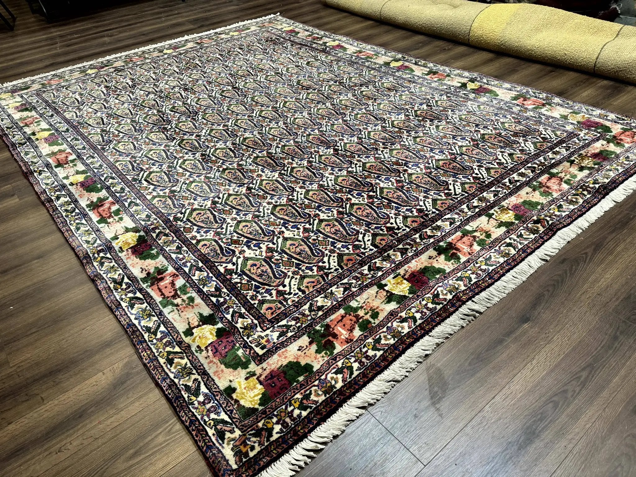 Persian Kurdish Rug 8x11, Repeated Allover Boteh Paisley Design, Bird Pictorials, Rare Antique Sannadaji Carpet by Jewel Rugs