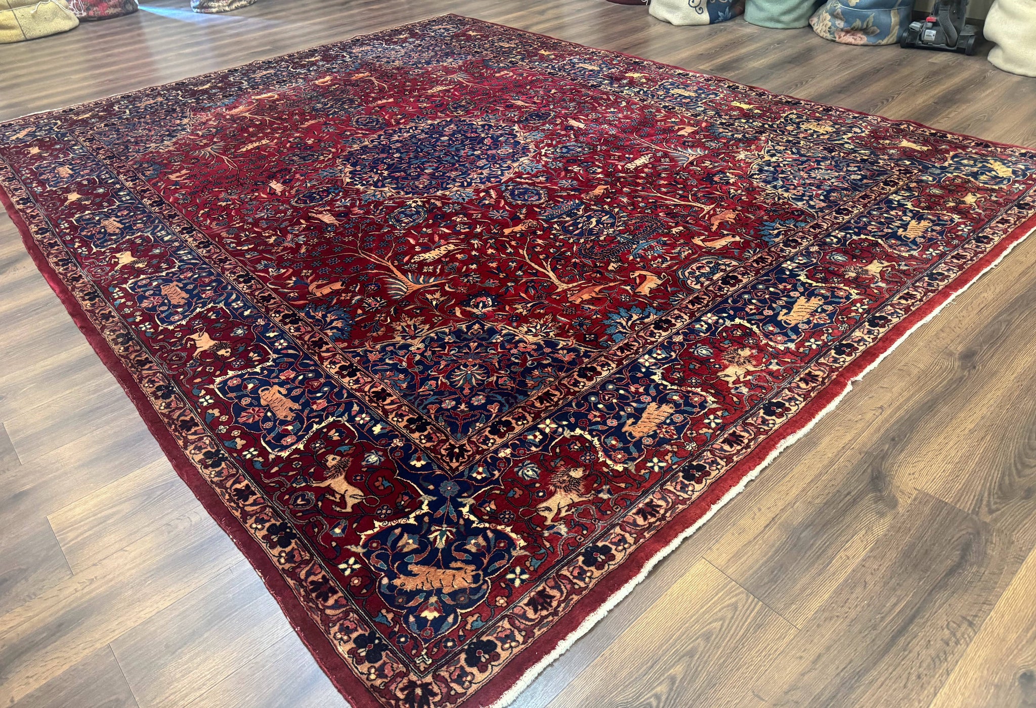 Antique Indo Persian Kerman Rug 9x12 Red Manchester Wool Animal Pictorials, Fine 290 KPSI by Jewel Rugs