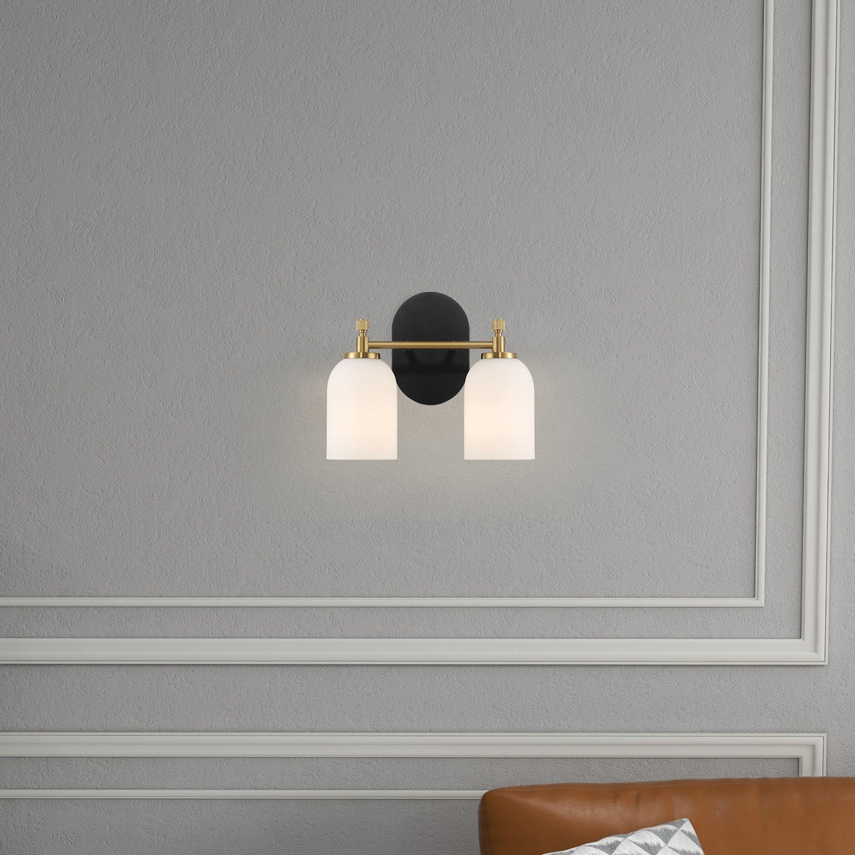 2-Light Vanity Wall Sconce with Frosted Glass Shade - Black/Gold/White, photo 7 of 9