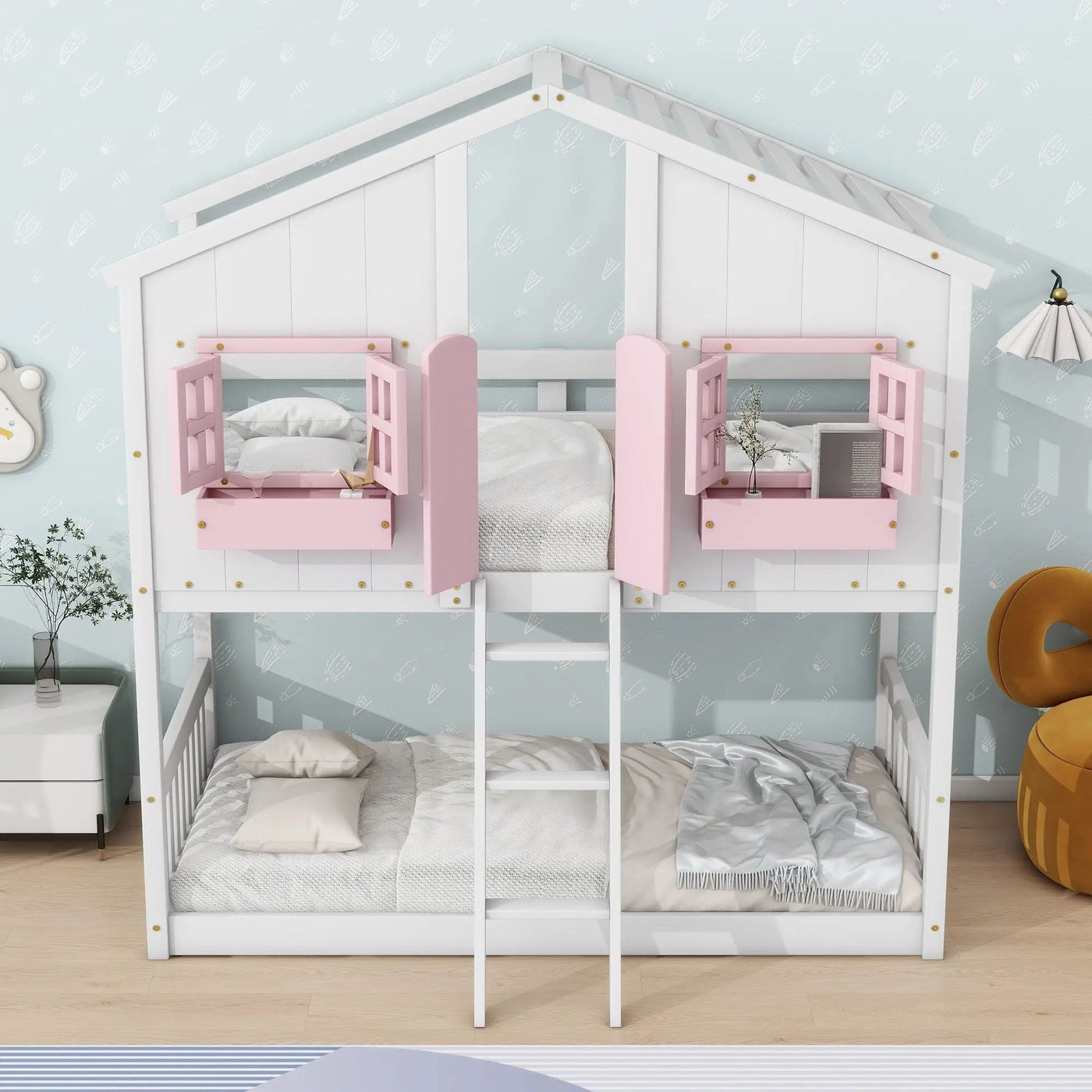 House Bunk Bed With Roof, Window, Window Box, Door, With Safety Guardrails And Ladder by HouseOfZazla