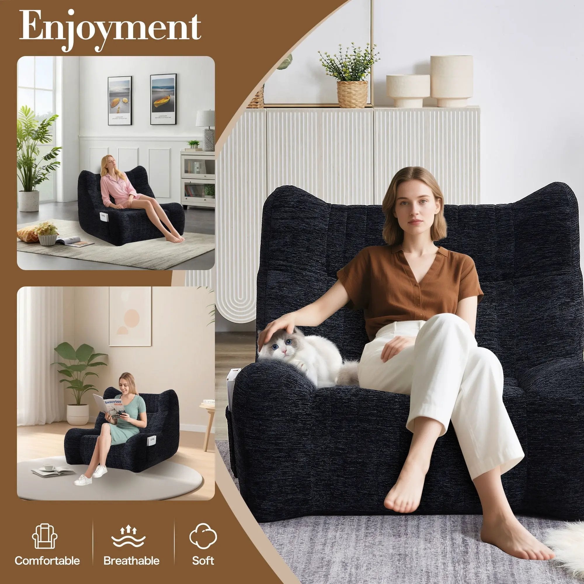 Bean Bag Chair With Armrests Oversized Comfy Beanbag Lounge Lazy Floor Sofa Accent Chair For Living Room - Black by Unique Piece Furniture