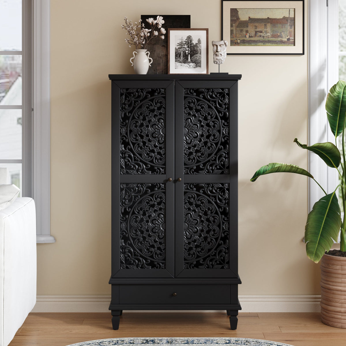 Rustic 55'' Tall Storage Cabinet with Drawer, Decorative 2-Door Carved Wood Accent Cabinet with Solid Wood Legs for Living Room, Hallway, Dining Room, photo 3 of 10