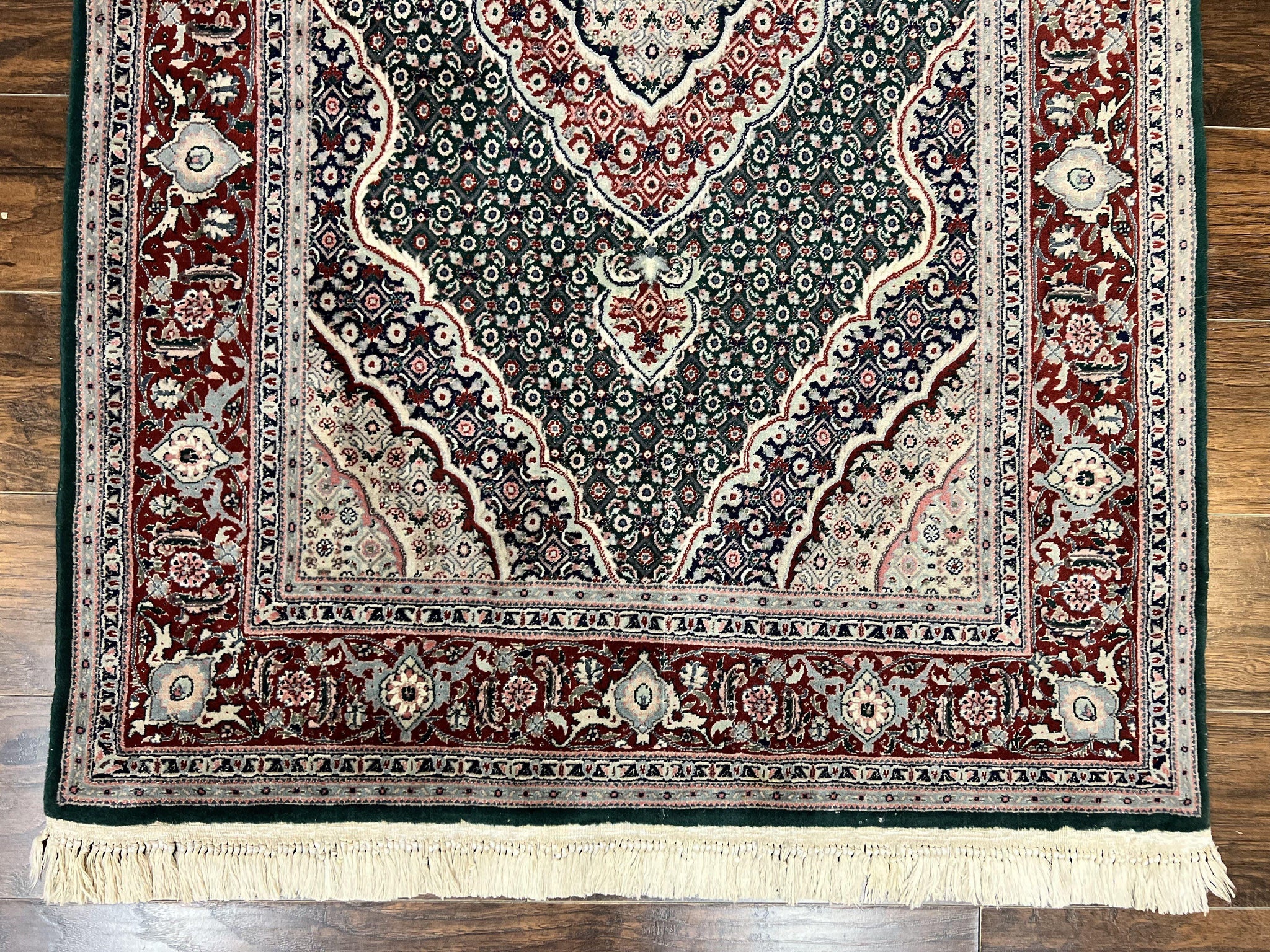 Sino Persian Rug 4x6, Wool with Silk Highlights, Fine Hand Knotted Carpet, Green & Maroon Red, Herati Medallion, Vintage Rug by Jewel Rugs