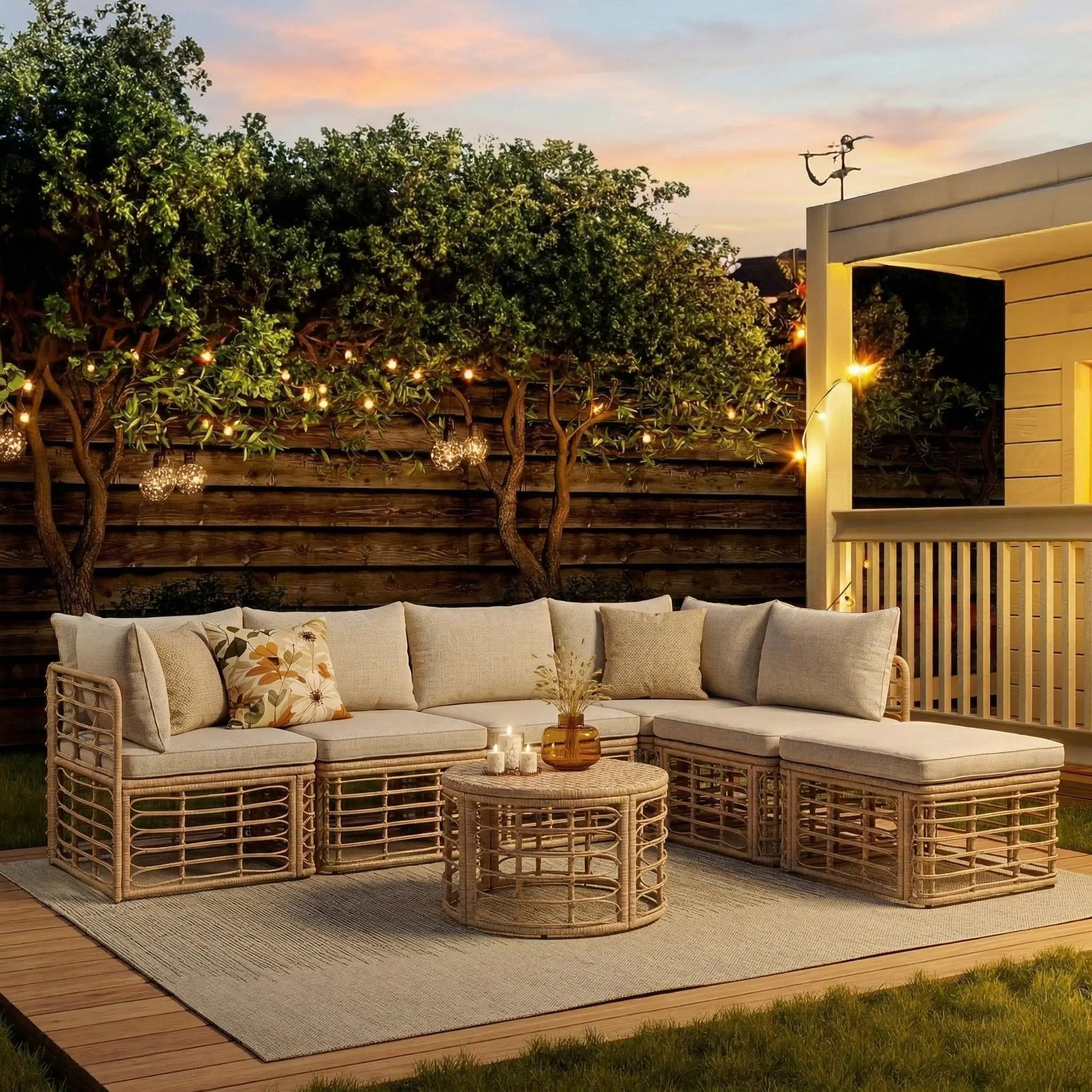 7 Pieces Outdoor Patio Furniture, All-Weather Rattan Sectional Sofa Set with Thick Cushions and Pillows, Freely Combined Conversation Sets for Garden, Backyard, Balcony, Brown by HouseOfZazla