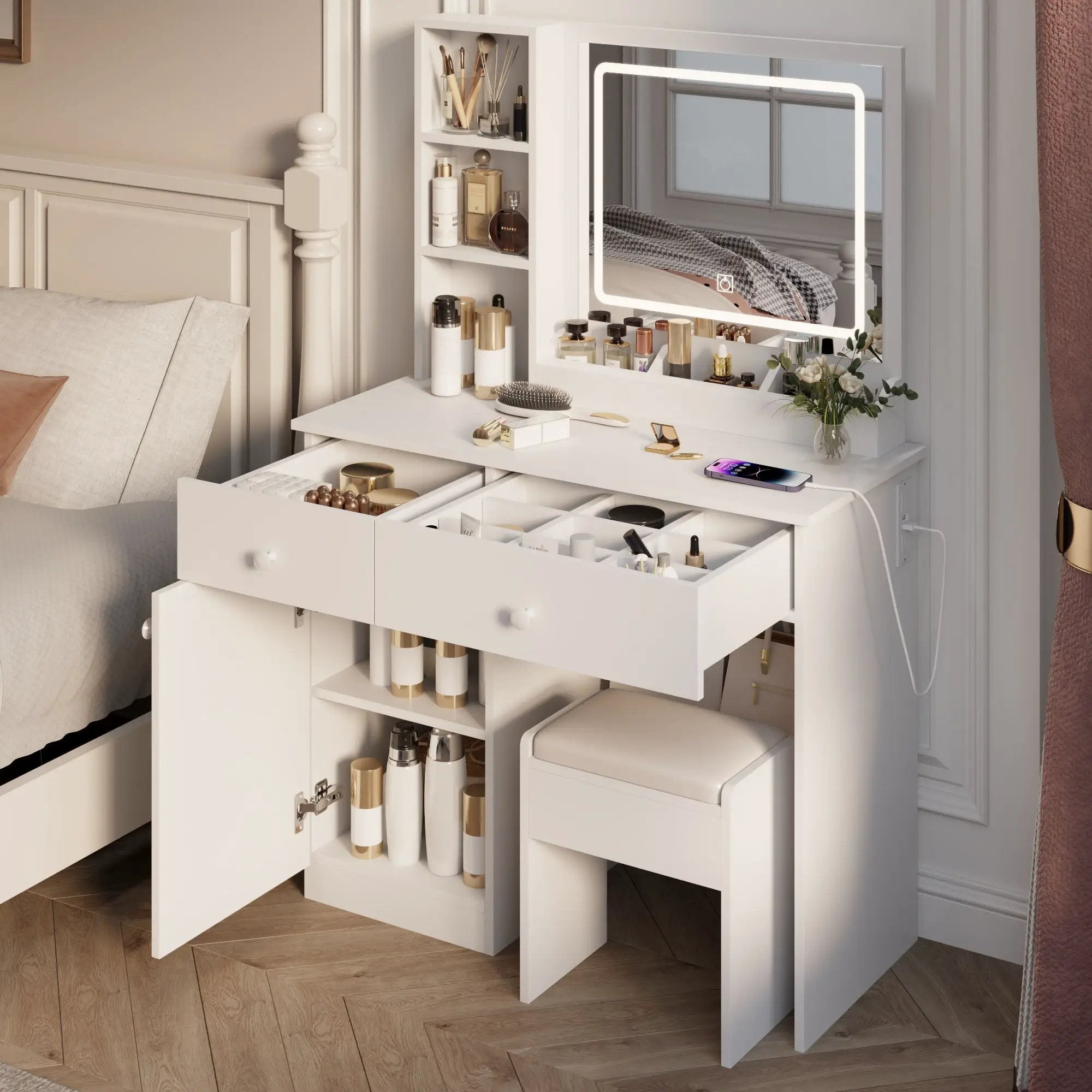 Fashion Vanity Desk With Mirror And Adjustable Lights, Makeup Table Set With 2 Drawers - White by Unique Piece Furniture