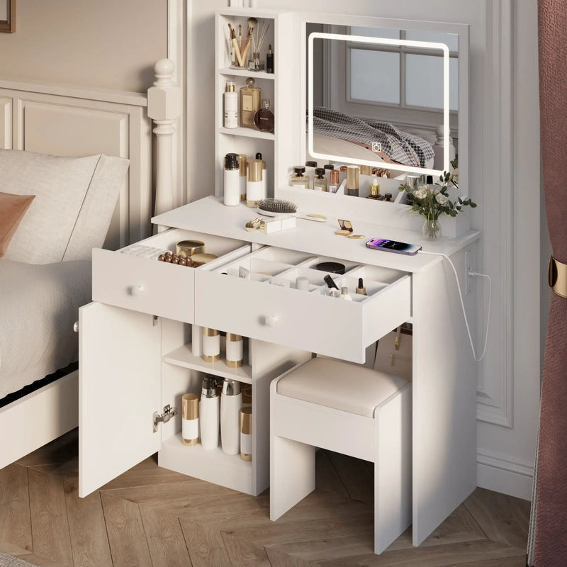 Fashion Vanity Desk With Mirror And Adjustable Lights, Makeup Table Set With 2 Drawers - White by Unique Piece Furniture