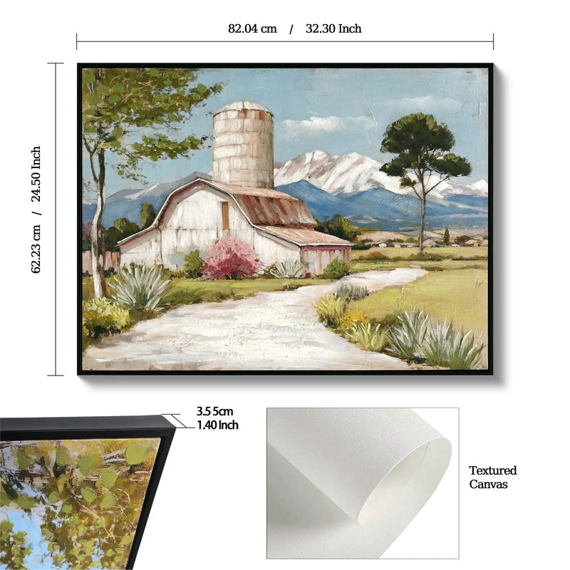Framed Canvas Wall Art Beautiful Field Painting Wildflower Barn Print Nature Scenery Picture For Home - Blue / Pink by HouseOfZazla