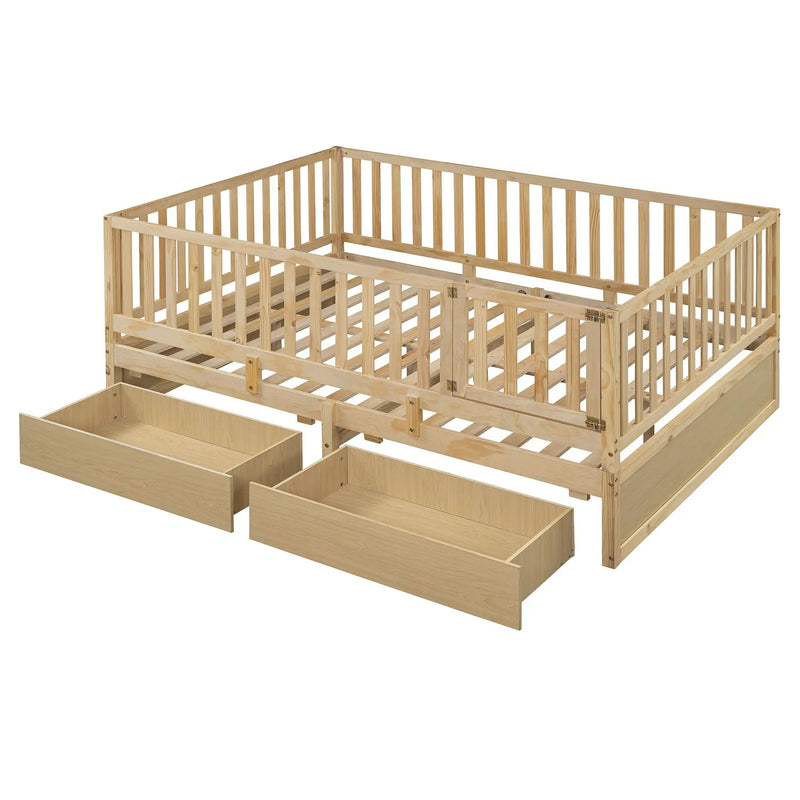 Daybed With Fence Guardrails And 2 Drawers, Split Into Independent Floor Bed & Daybed by HouseOfZazla
