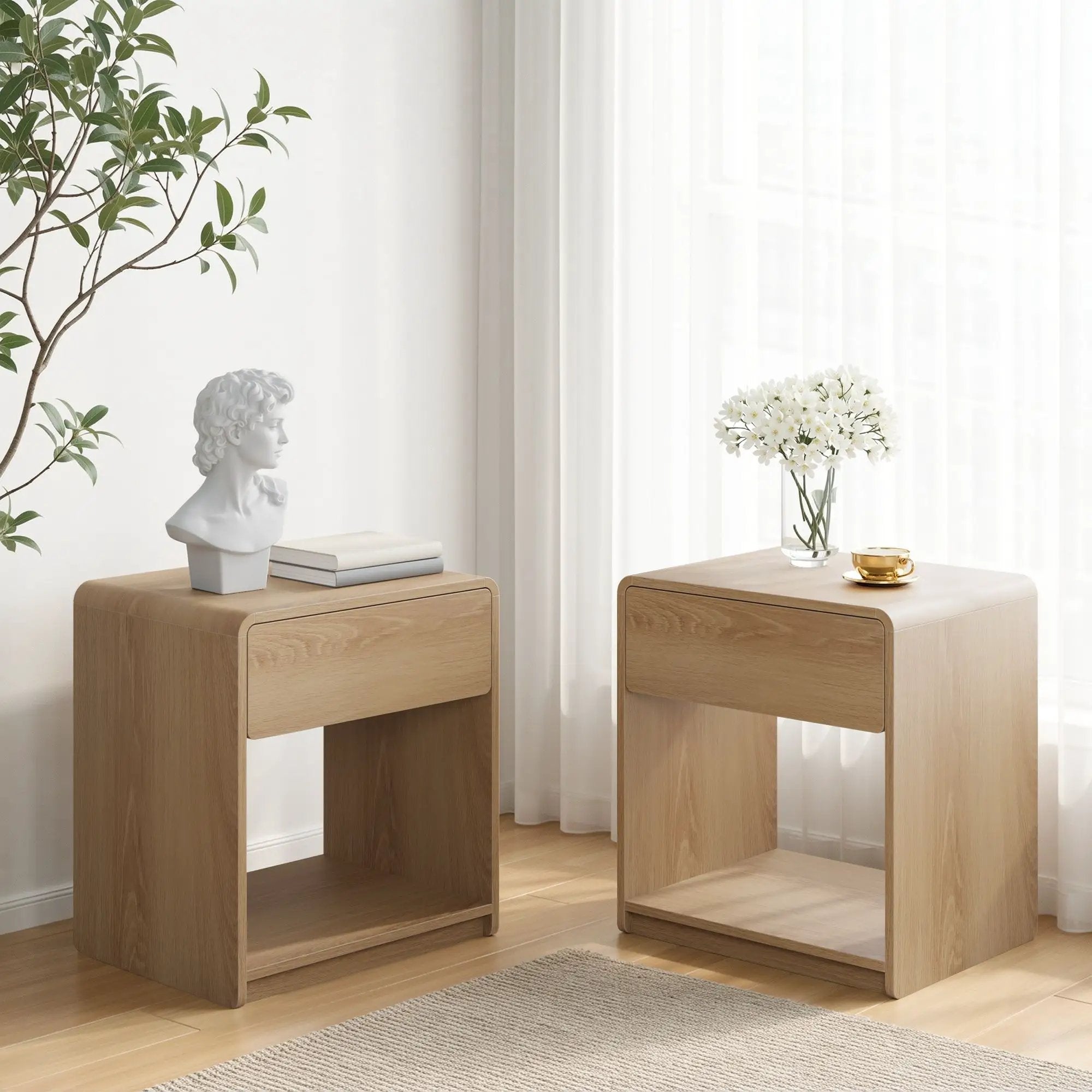 Bedside Table Set With Storage Drawers And Open Shelves, Compact With Rounded Corners (Set of 2) - Oak by HouseOfZazla