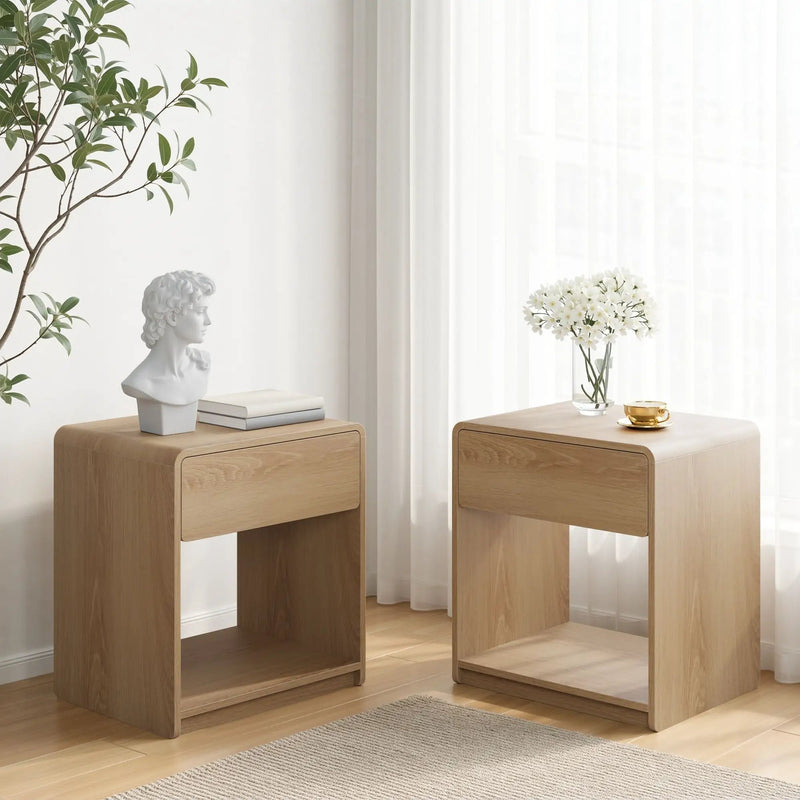 Bedside Table Set With Storage Drawers And Open Shelves, Compact With Rounded Corners (Set of 2) - Oak by HouseOfZazla