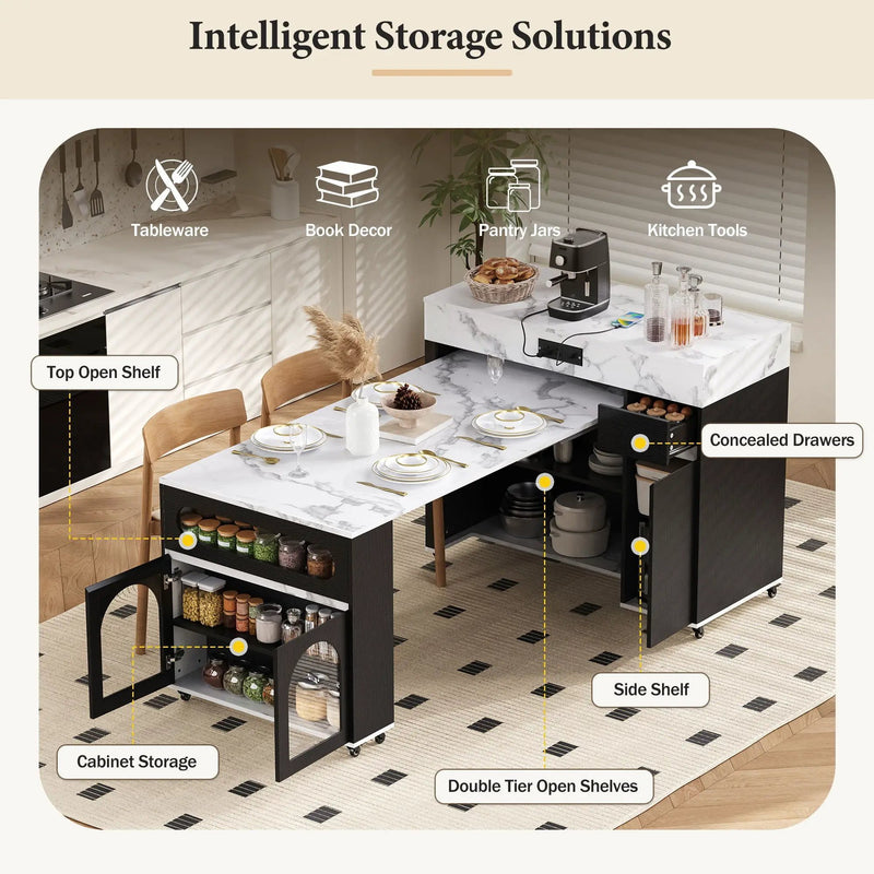 Extendable Dining Table With Folding Top, Rolling Kitchen Island With Drawers And Power Outlet by Unique Piece Furniture