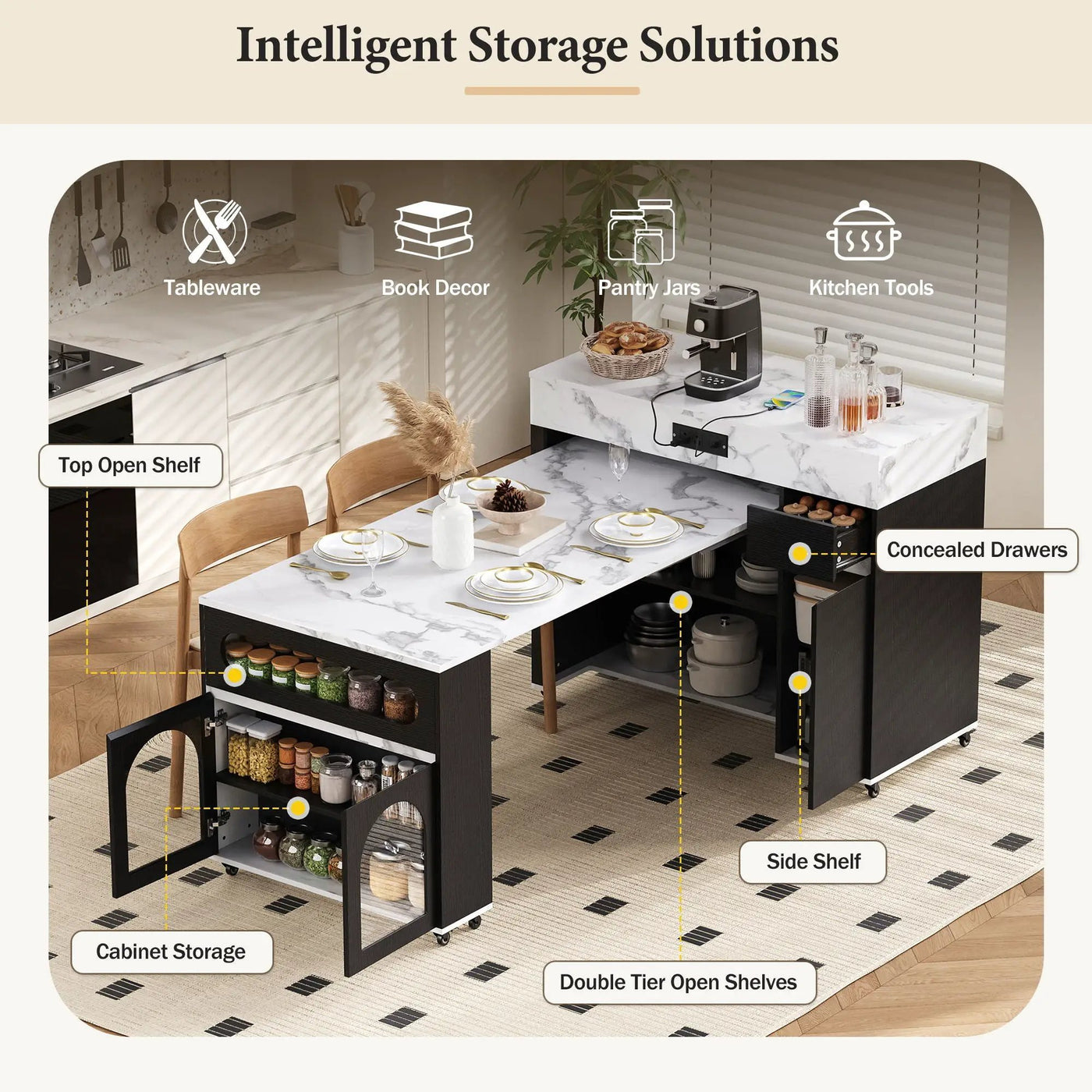 Extendable Dining Table With Folding Top, Rolling Kitchen Island With Drawers And Power Outlet by Unique Piece Furniture