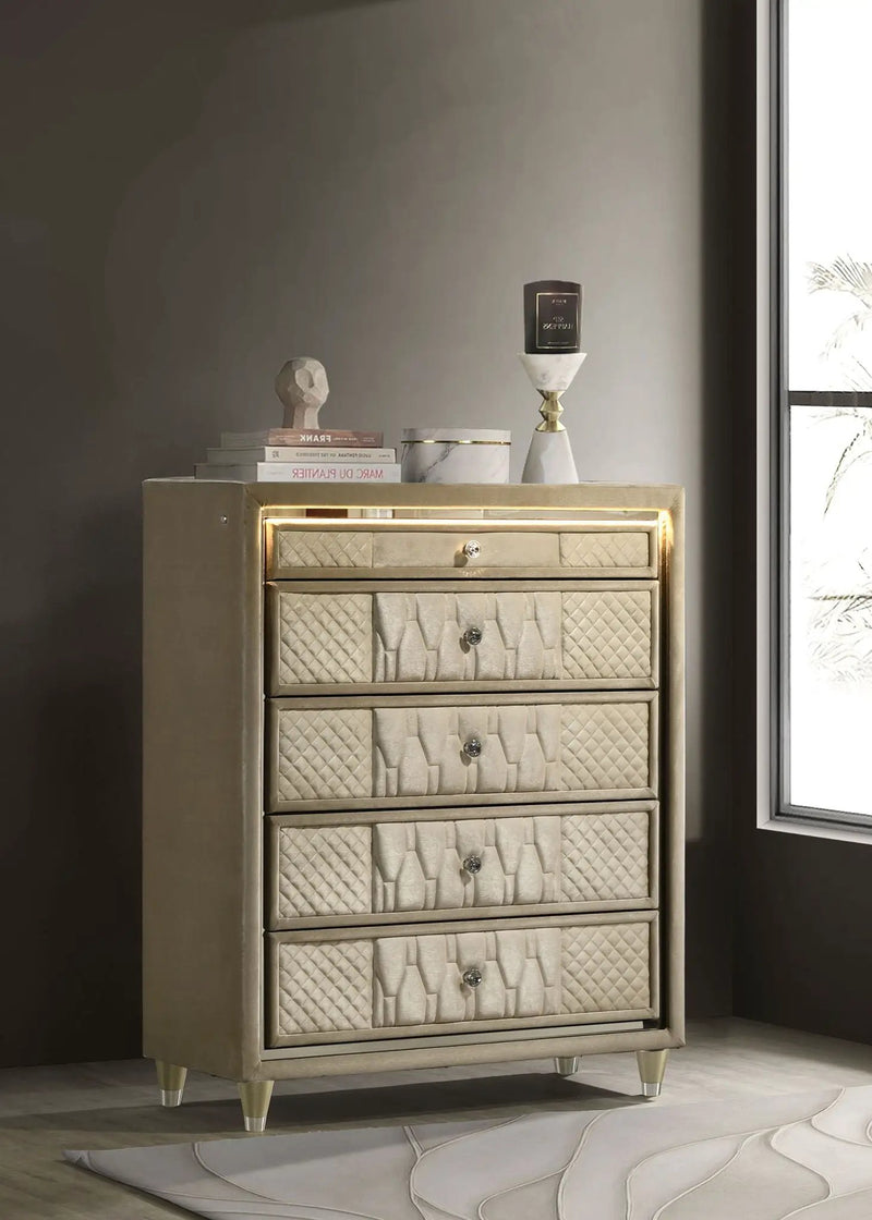 Lorient 5-drawer LED Chest of Drawers Ivory and Camel by Unique Piece Furniture