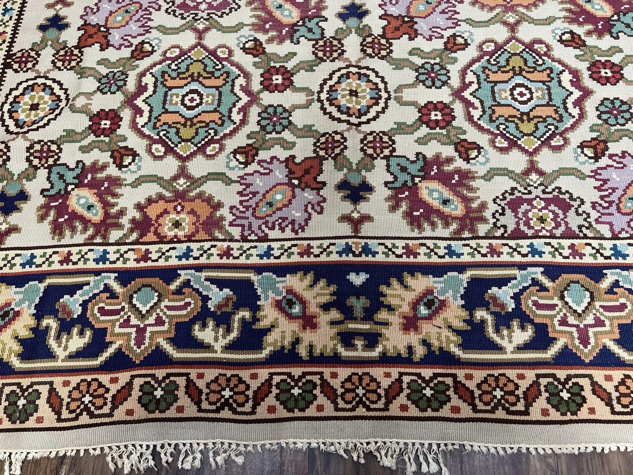 Antique Turkish Kilim Rug 7x10 Allover Pattern, Ivory Cream Maroon Light Blue, Wool Flatweave Hand Woven, Large Kilim, Vintage Kilim Carpet by Jewel Rugs