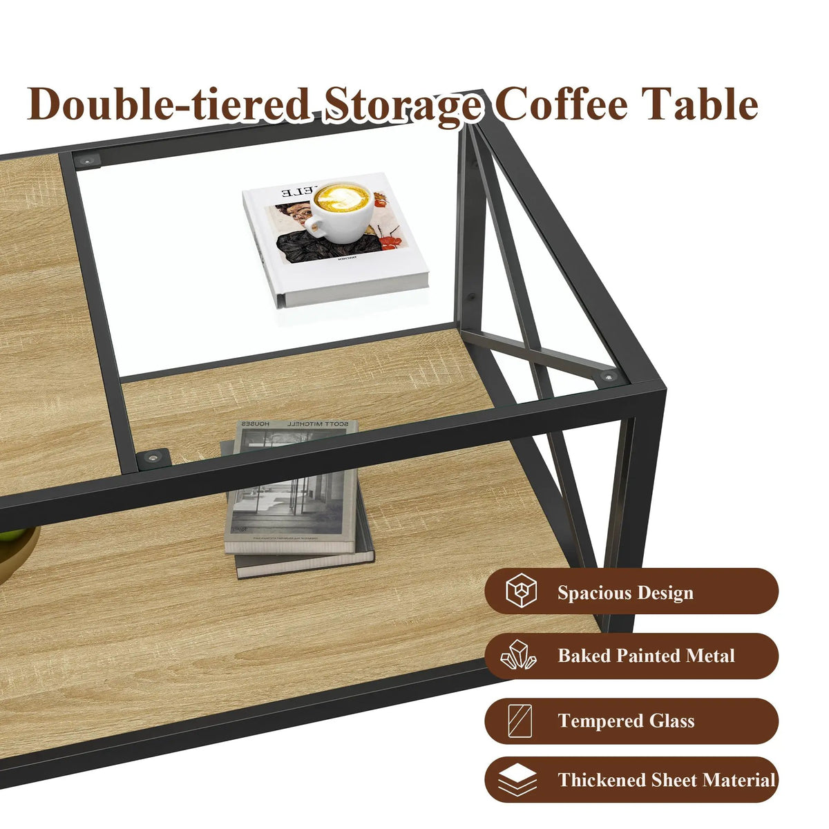 Modern Coffee Table with Tempered Glass and Natural Wood MDF Top by HouseOfZazla