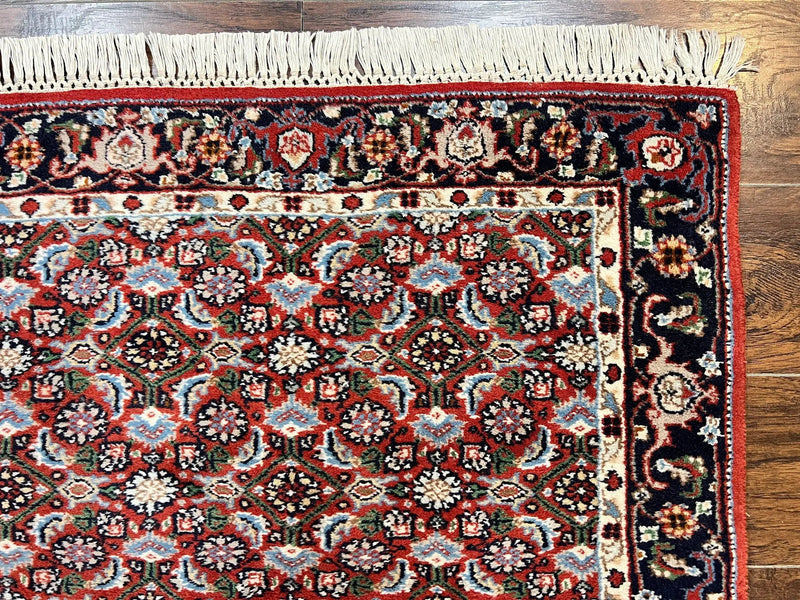 Indo Persian Rug 3x5, Red and Navy Blue, Wool Vintage Handmade Small Carpet 3 x 5 ft, Herati Pattern, Bidjar Rug by Jewel Rugs