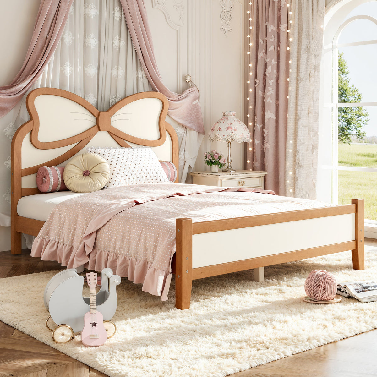 Full Size Wooden Platform Bed with Bow Headboard, Solid Wood Bed Frame with Slatted Support, Low Profile Platform Bed for Kid Teens Girls, No Box Spring Needed,Beige&Natural, photo 4 of 10