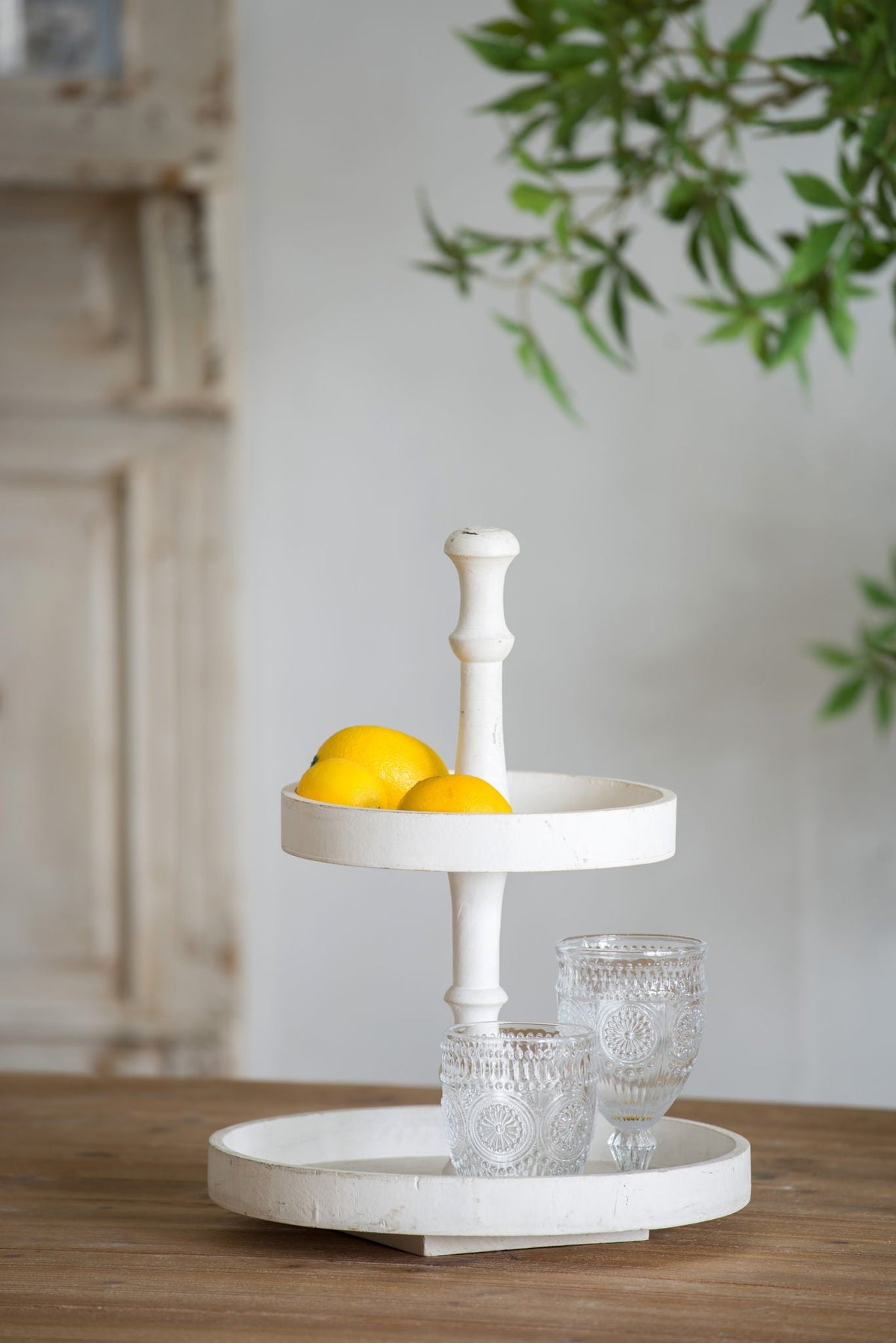 Two Tiered Round Wooden Tray with Farmhouse Style - White