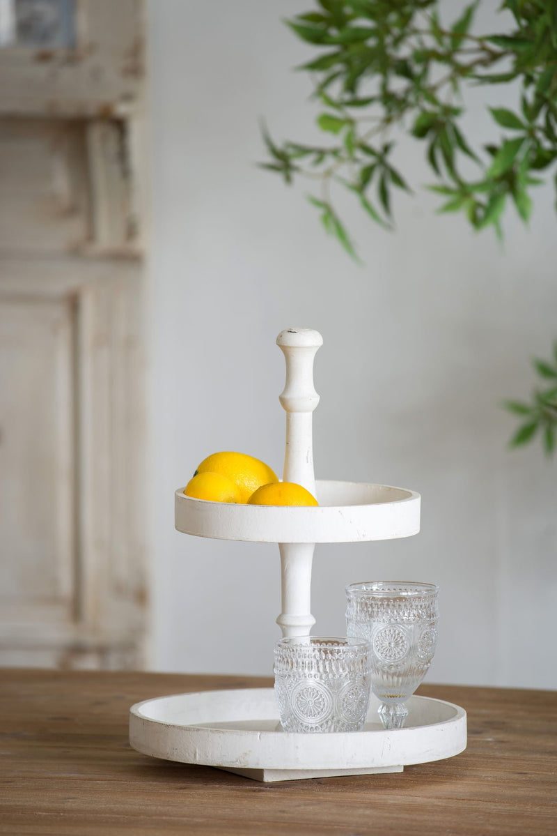 Two Tiered Round Wooden Tray with Farmhouse Style - White