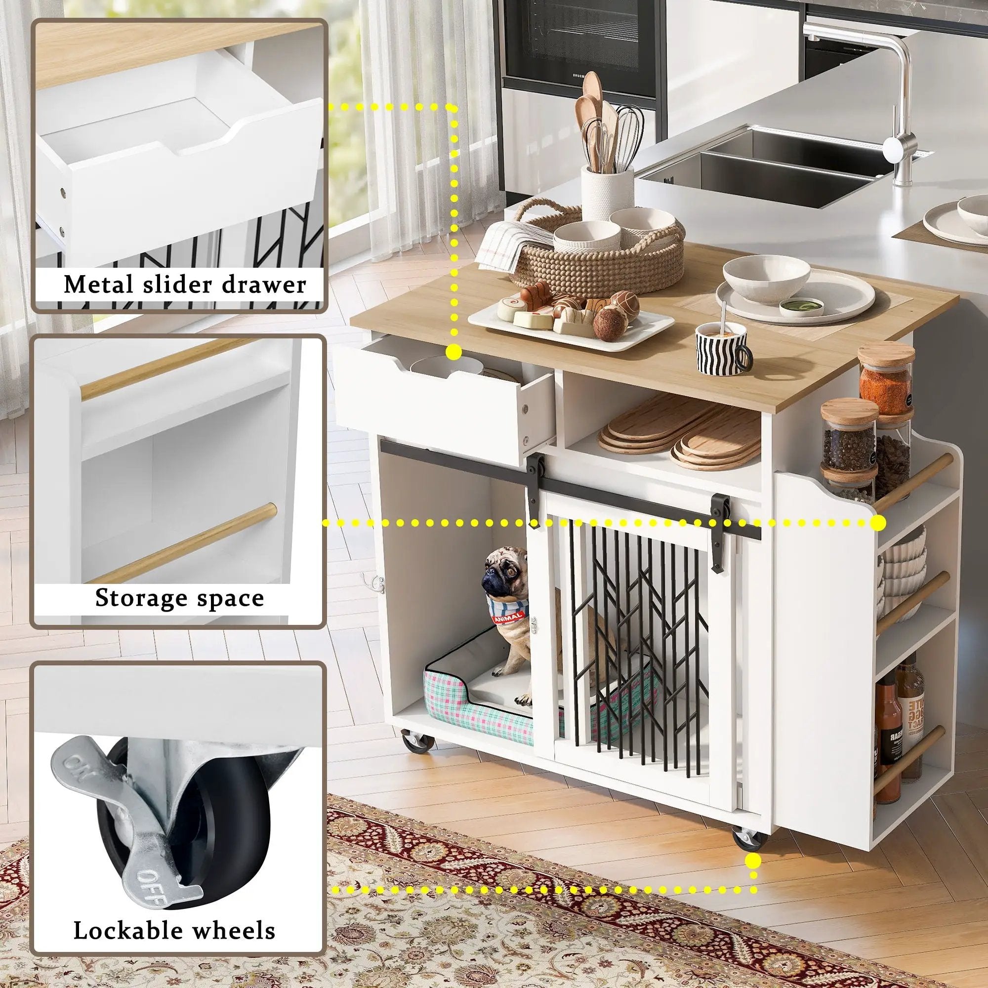 Modern Style 2 In 1 Pet Friendly Dog Crate Kitchen Island End Table Metal Pine - Natural / White by HouseOfZazla