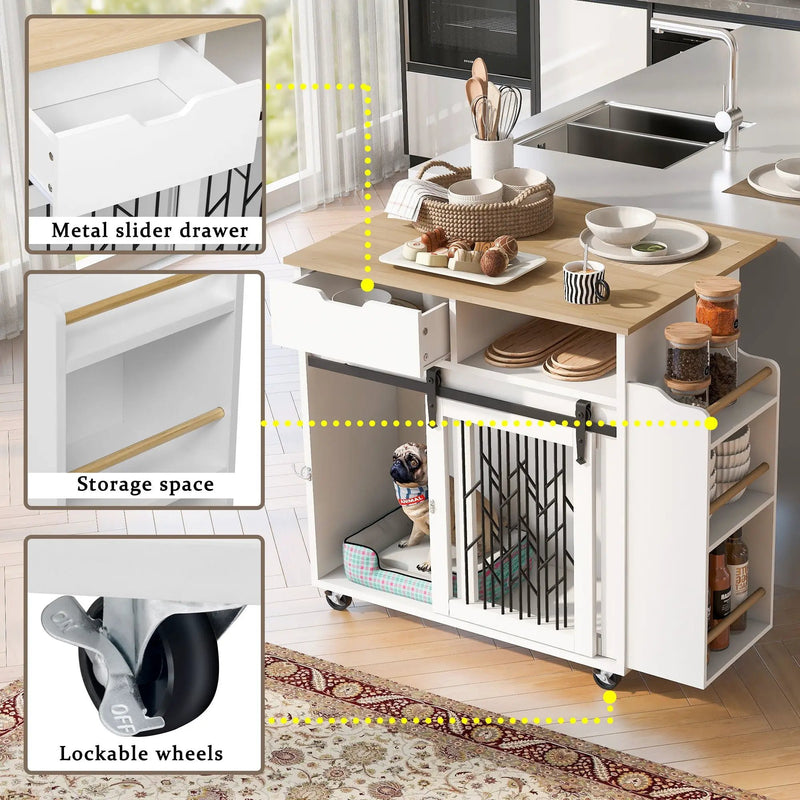 Modern Style 2 In 1 Pet Friendly Dog Crate Kitchen Island End Table Metal Pine - Natural / White by HouseOfZazla