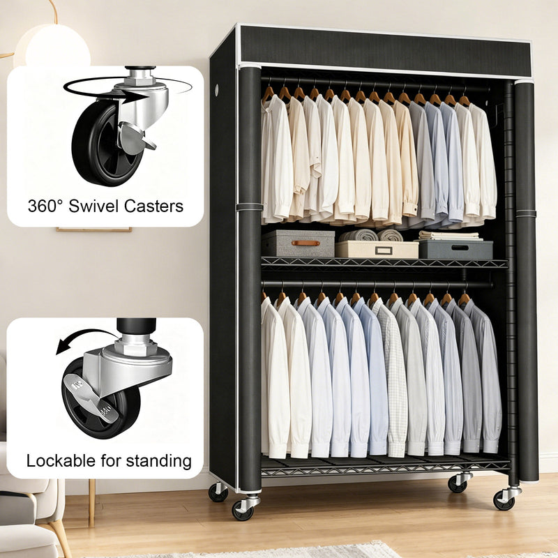 Freestanding Garment Rack with Dust Cover – Iron Frame, Mobile - Black, photo 2 of 8