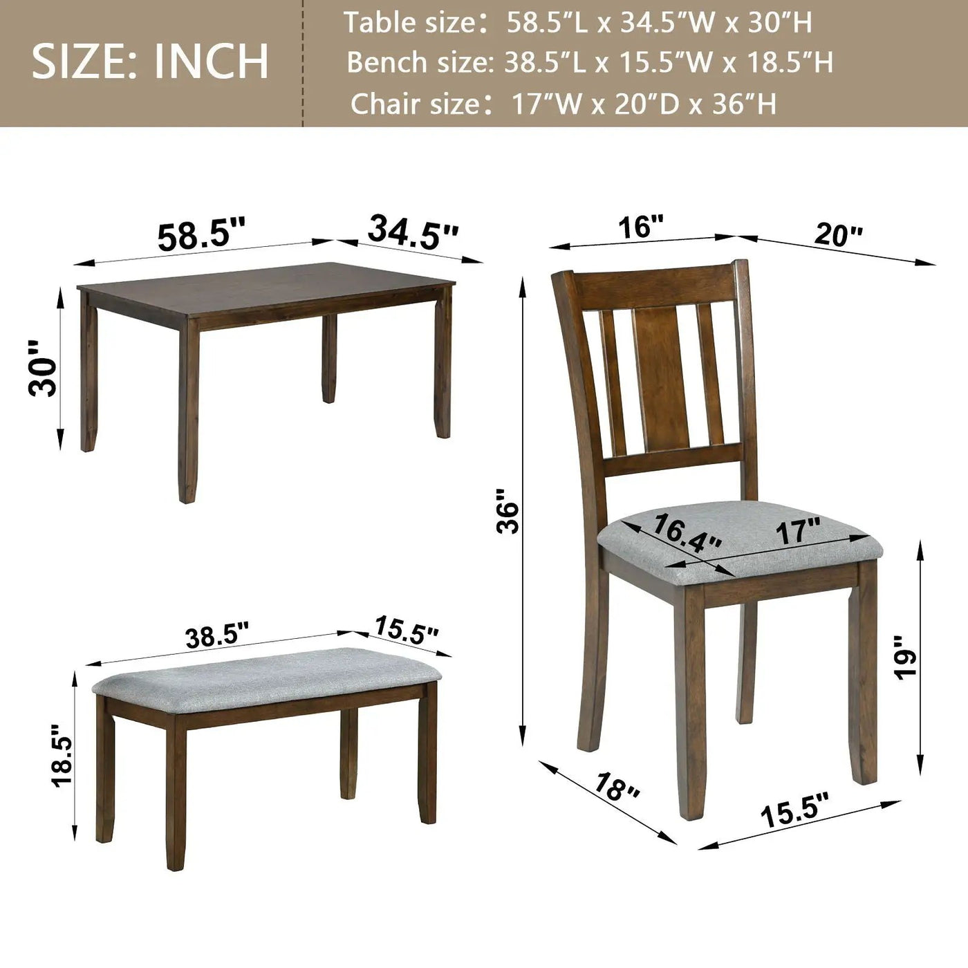 6 Pieces Kitchen Dining Set, Rectangular Wooden Dining Table With 4 Upholstered Chairs And A Bench by HouseOfZazla