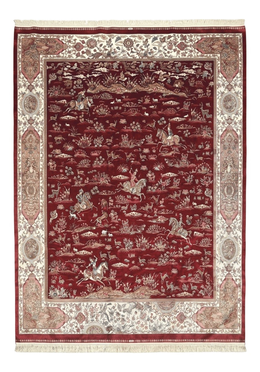 Turkish Silk Rug 8x10, Red & Ivory, Hunting Design, Bamboo Silk, New by Jewel Rugs