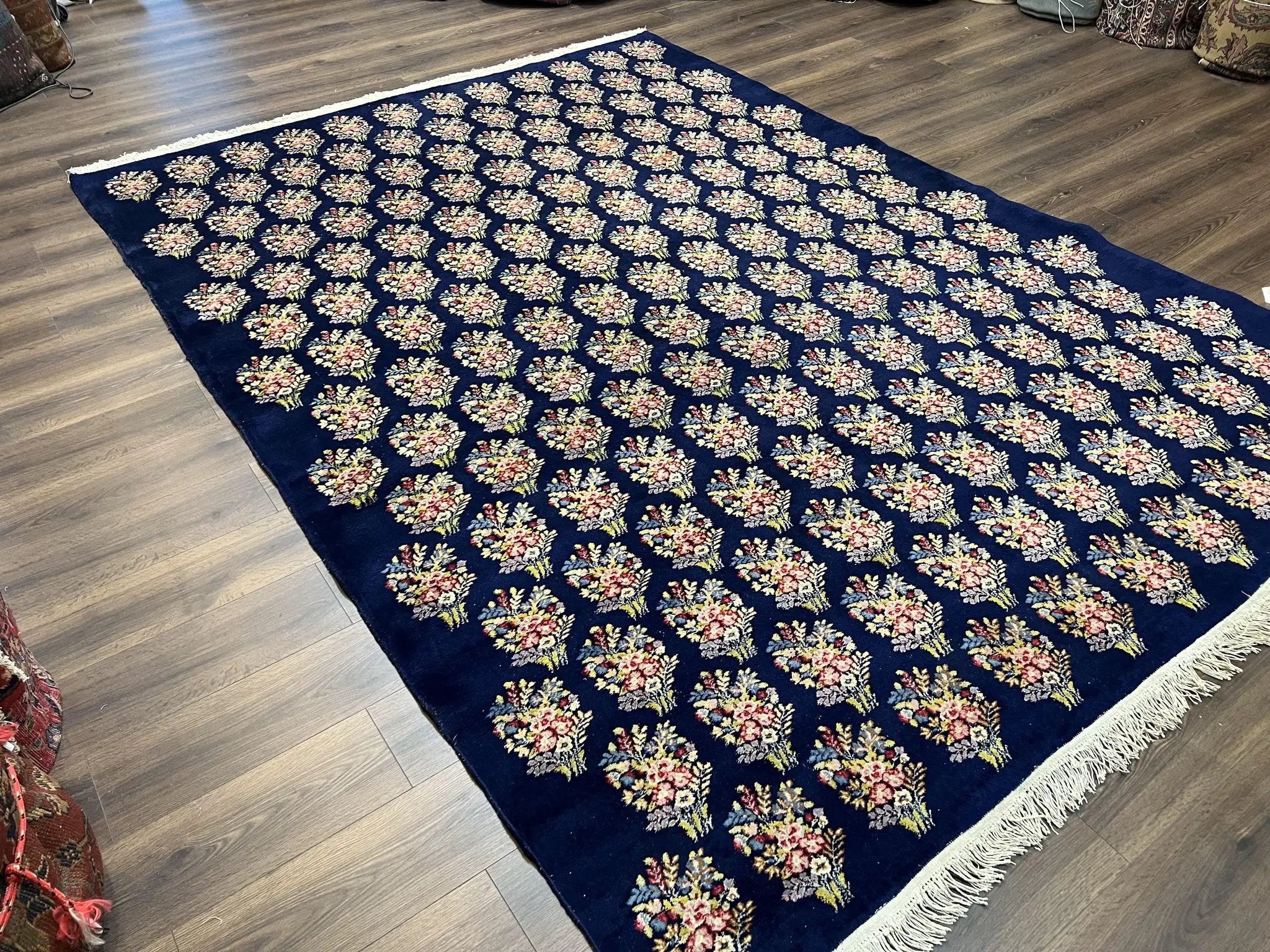 Persian Rug 9x12, Authentic Hand Knotted Carpet, Repeated Floral Motif Garden of Eden, Navy Blue Wool Rug 9 x 12, Semi Antique Kirman Rug by Jewel Rugs