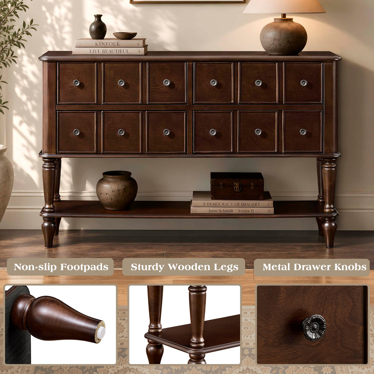 Vintage Console Table with Solid Wood Legs and 4 Storage Drawers - Espresso, photo 8 of 10