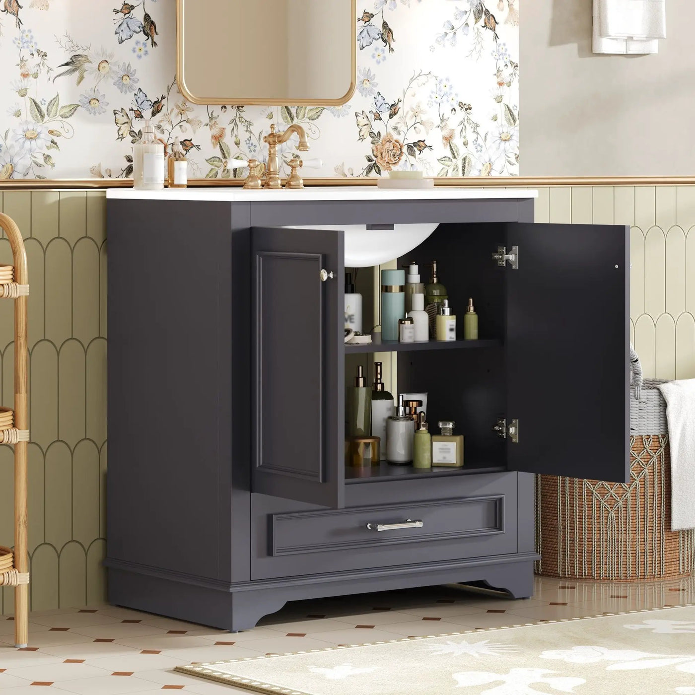 Bathroom Vanity With Sink, Cabinet & 2 Soft Closing Doors & Adjustable Shelf by Unique Piece Furniture