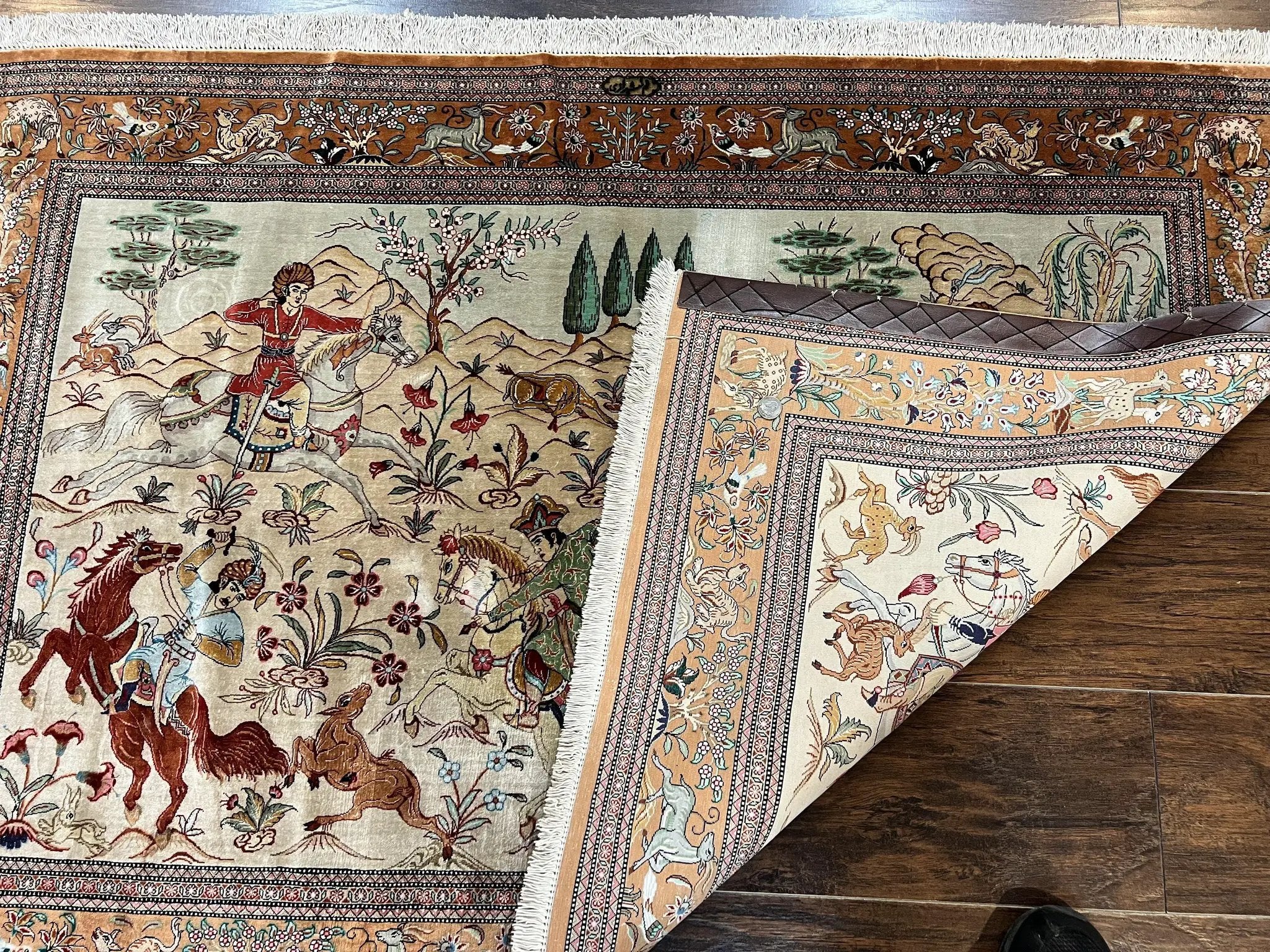 Silk Persian Qum Rug 3x5, Hunting Pattern, Handmade Vintage Carpet, Signed by Master Weaver, Horsemen Pictorials, Super Fine 650 KPSI by Jewel Rugs
