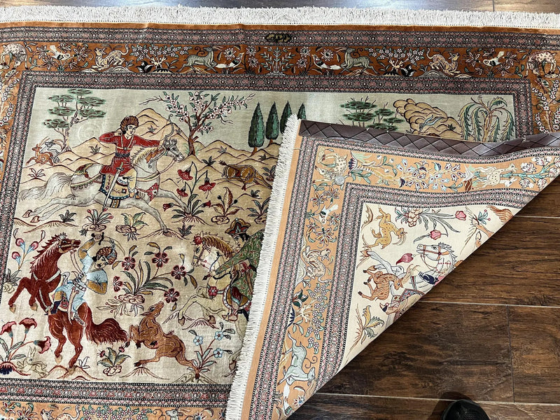 Silk Persian Qum Rug 3x5, Hunting Pattern, Handmade Vintage Carpet, Signed by Master Weaver, Horsemen Pictorials, Super Fine 650 KPSI by Jewel Rugs