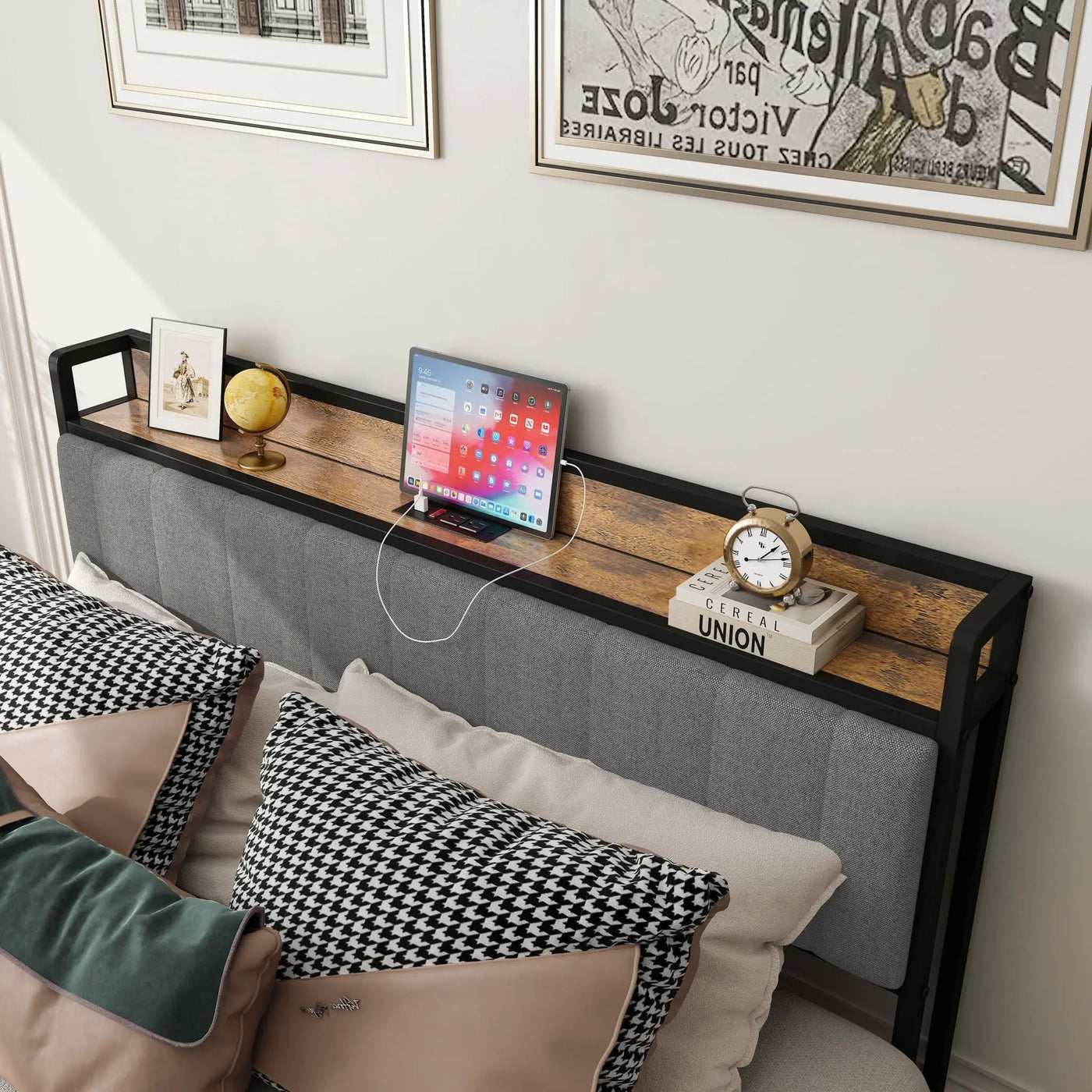 Bed With Charging Station, American Design Upholstered Headboard, Metal Platform by Unique Piece Furniture