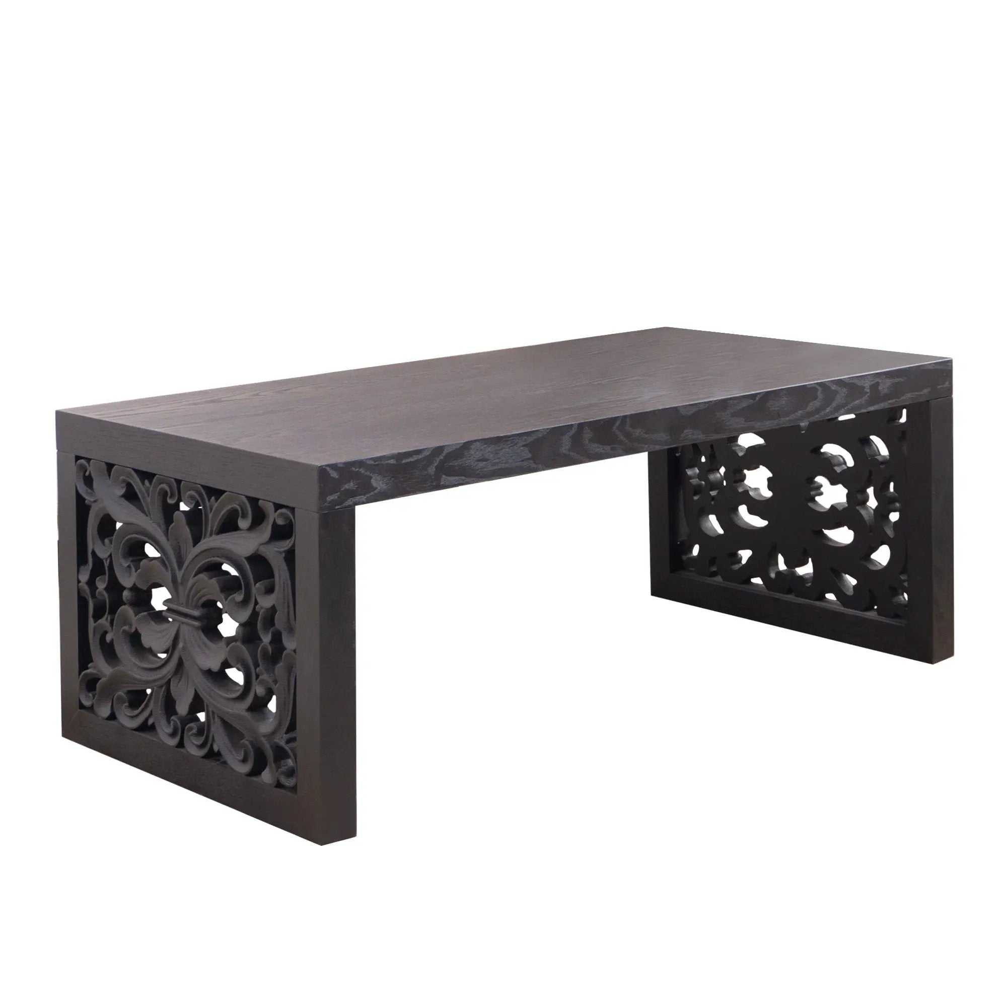 Rustic Carved Wood Coffee Table, Handcrafted Look With Ornate Side Panels by Unique Piece Furniture