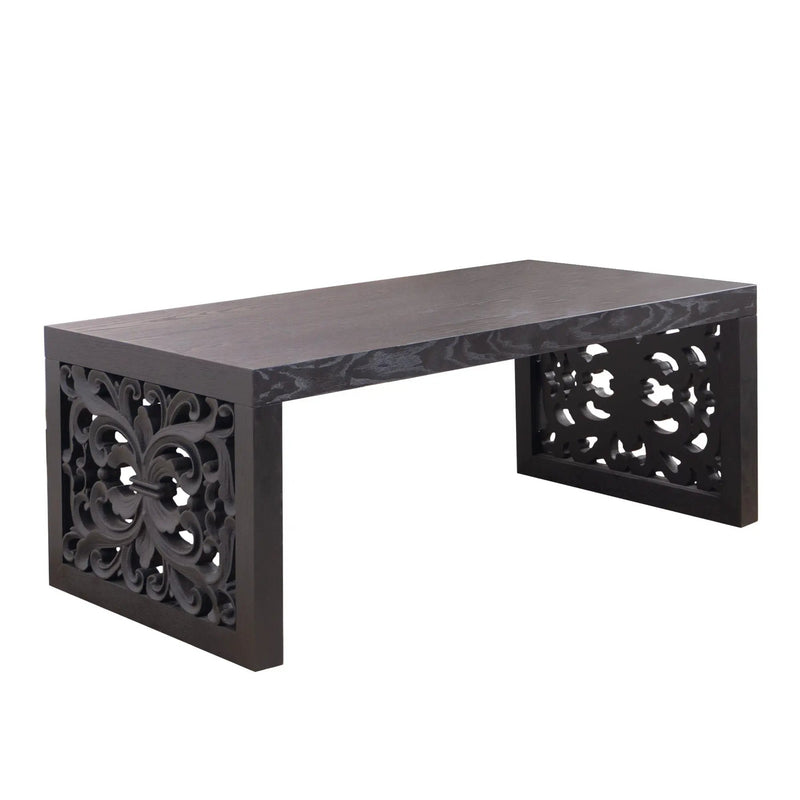 Rustic Carved Wood Coffee Table, Handcrafted Look With Ornate Side Panels by HouseOfZazla