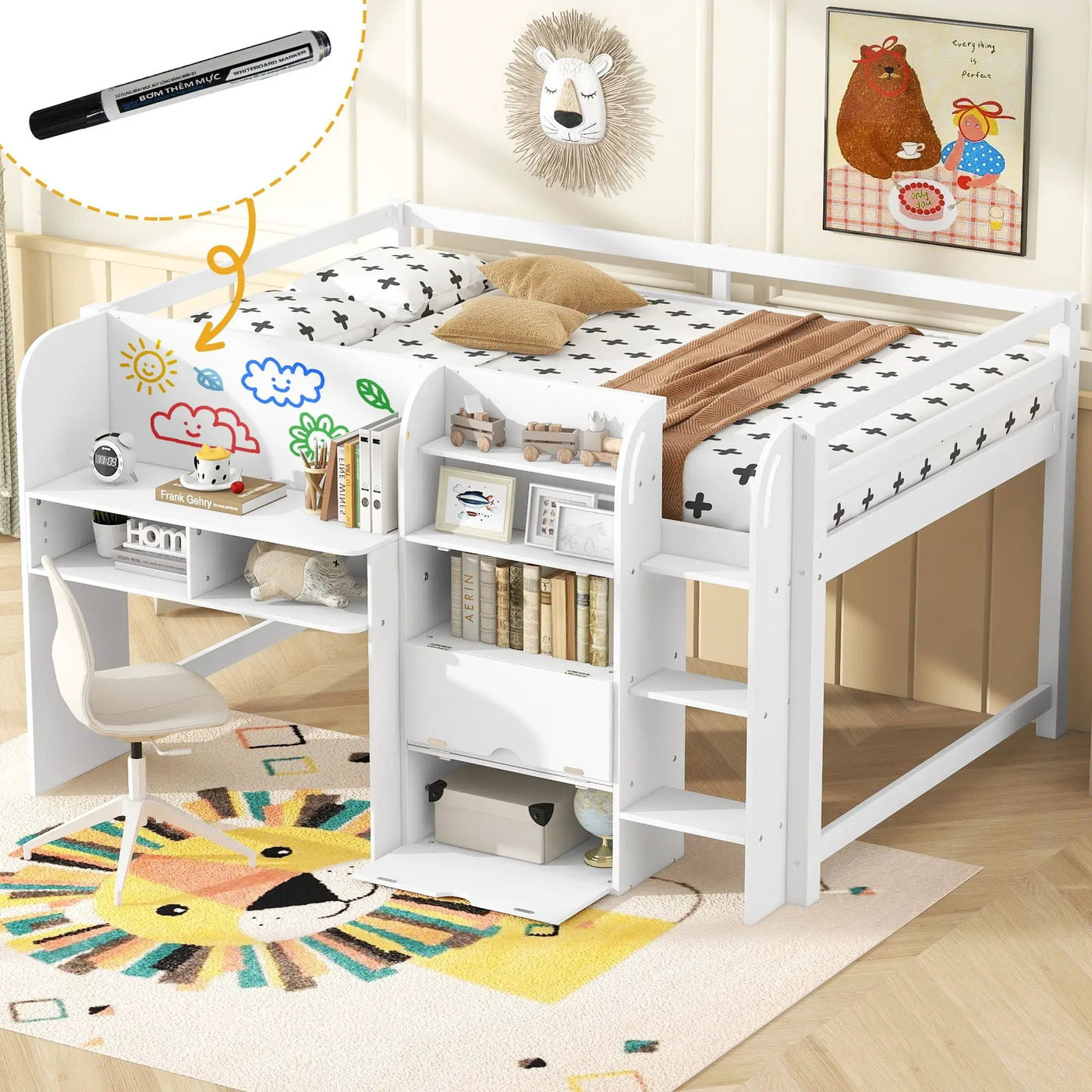 Low Loft Bed With Built In Desk, Storage Cabinets, Open Bookcase And Doodle board by HouseOfZazla