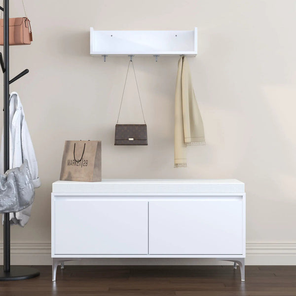 Wall Mounted Entryway Shelf With Hooks And Storage Bench Set - Off White, photo 2 of 4