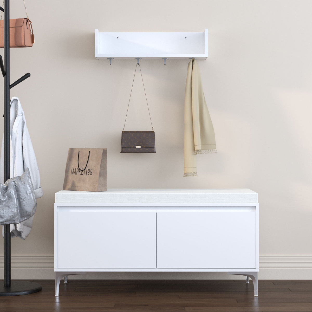 Wall Mounted Entryway Shelf and Storage Bench Set with Hooks and Storage - Off White, photo 2 of 4