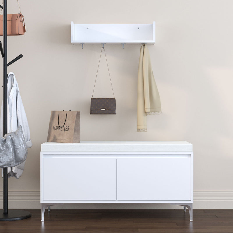 Wall Mounted Entryway Shelf and Storage Bench Set with Hooks and Storage - Off White, photo 2 of 4